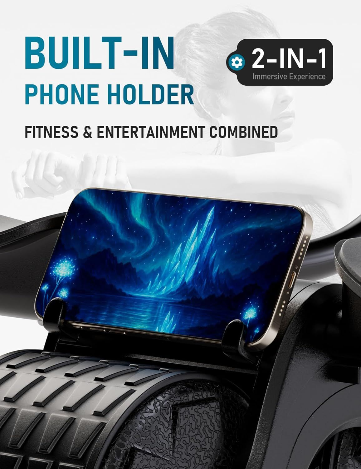Highlights the built-in phone holder feature that combines fitness and entertainment, allowing users to watch content hands-free during workouts for an immersive experience.