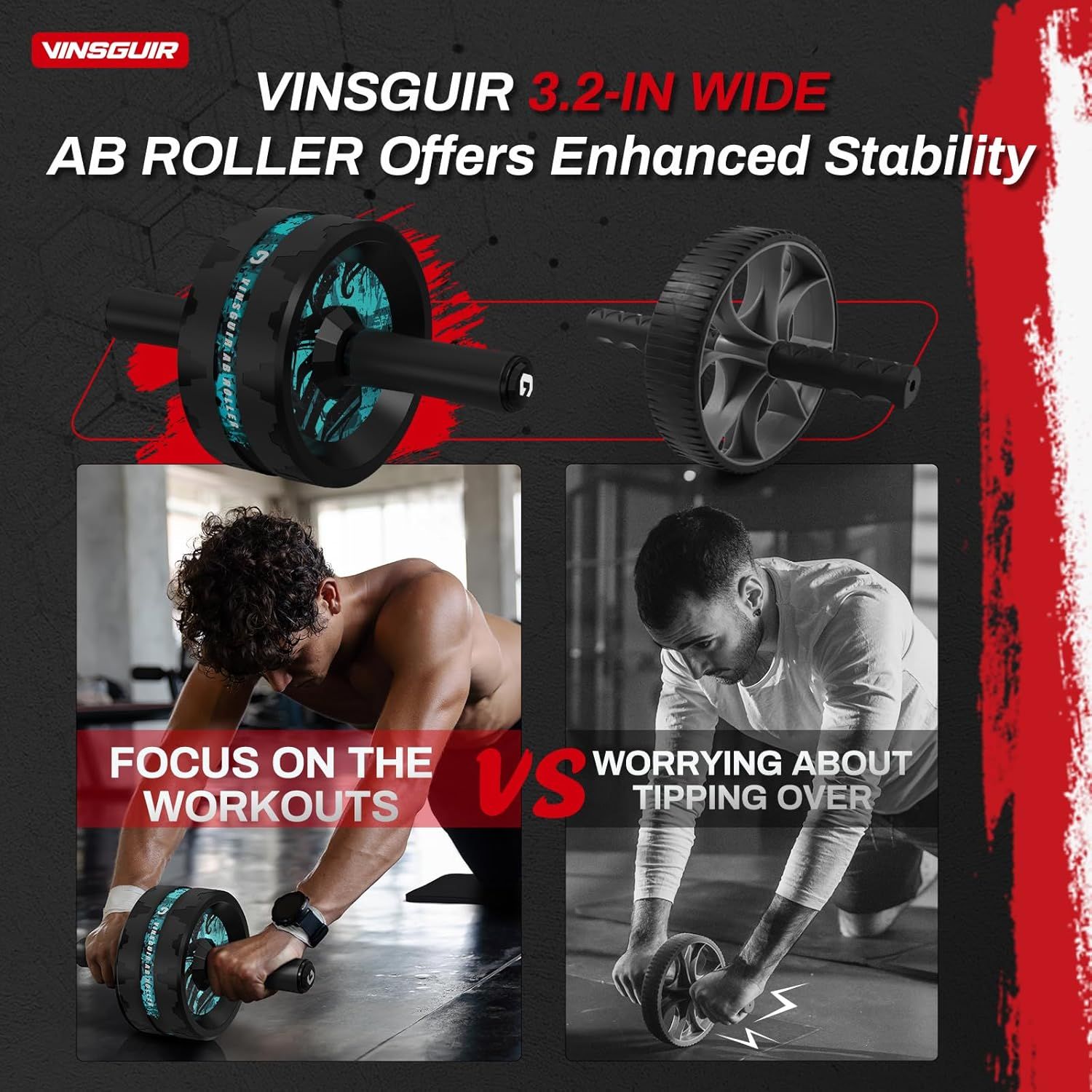 Demonstrates the superior stability of the 3.2-inch wide AB roller compared to generic narrow rollers, reassuring shoppers they can focus on their workout without worrying about tipping over.…