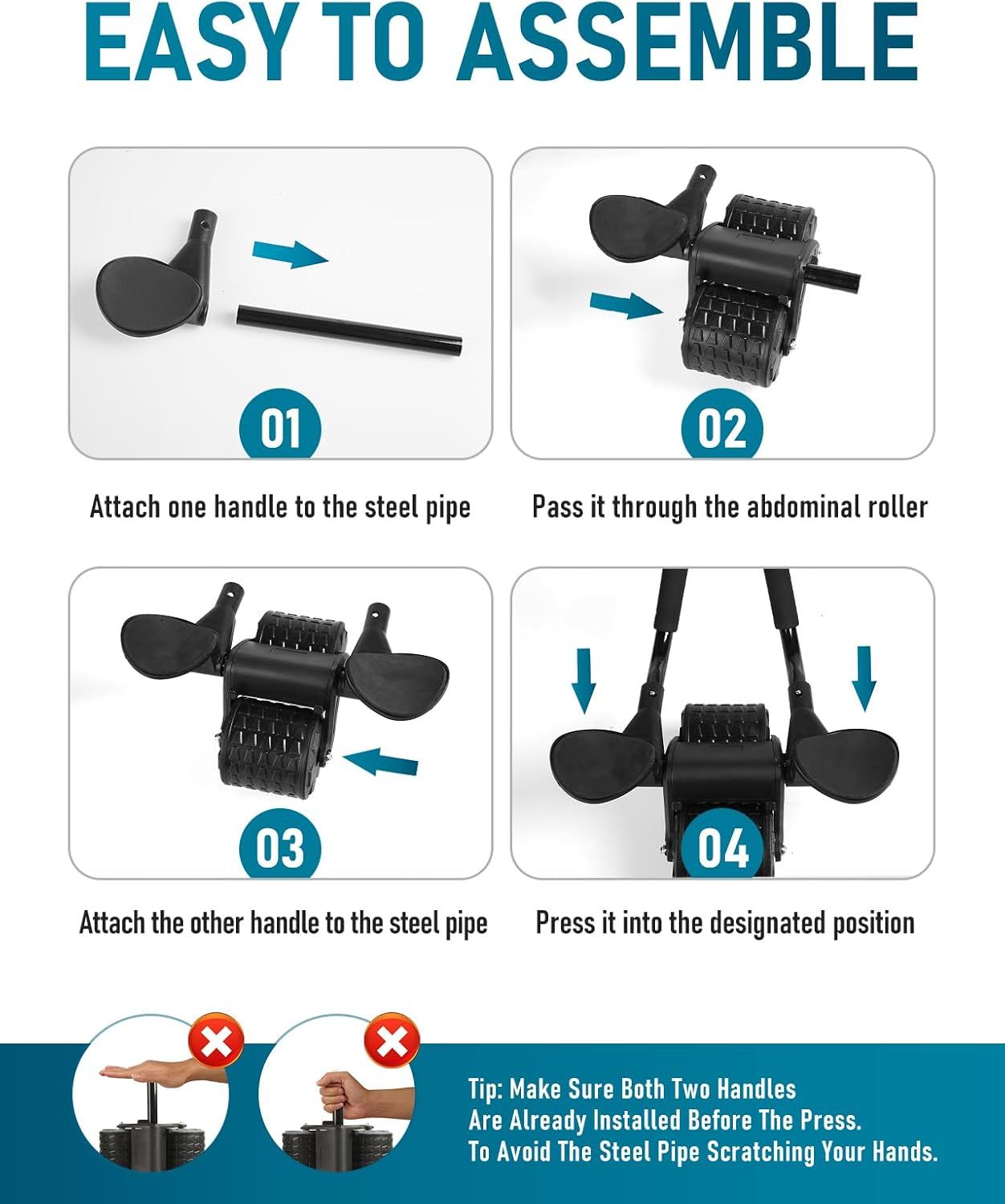 Demonstrates the step-by-step assembly process for the abdominal roller to reassure shoppers that setup is simple and straightforward. Highlights the product's ease of assembly as a key benefit to…