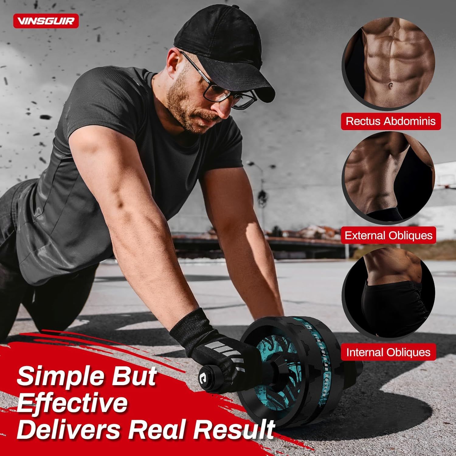 Highlights the specific muscle groups targeted by the ab roller wheel, showing shoppers exactly which areas of their core will be worked during exercise.