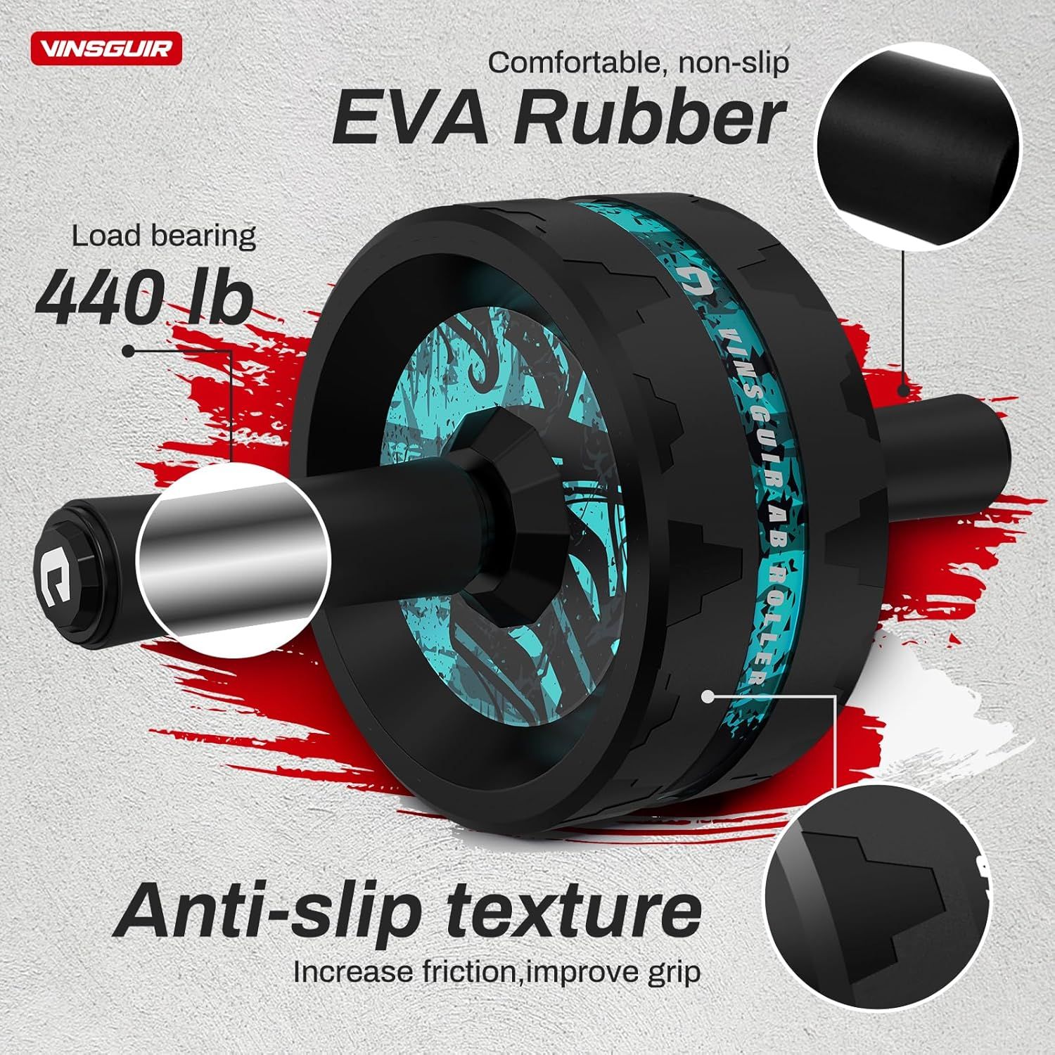 Breaks down the ab roller's key physical components and material features, highlighting the EVA rubber construction, anti-slip textured surface, and 440 lb load capacity to reassure shoppers of…