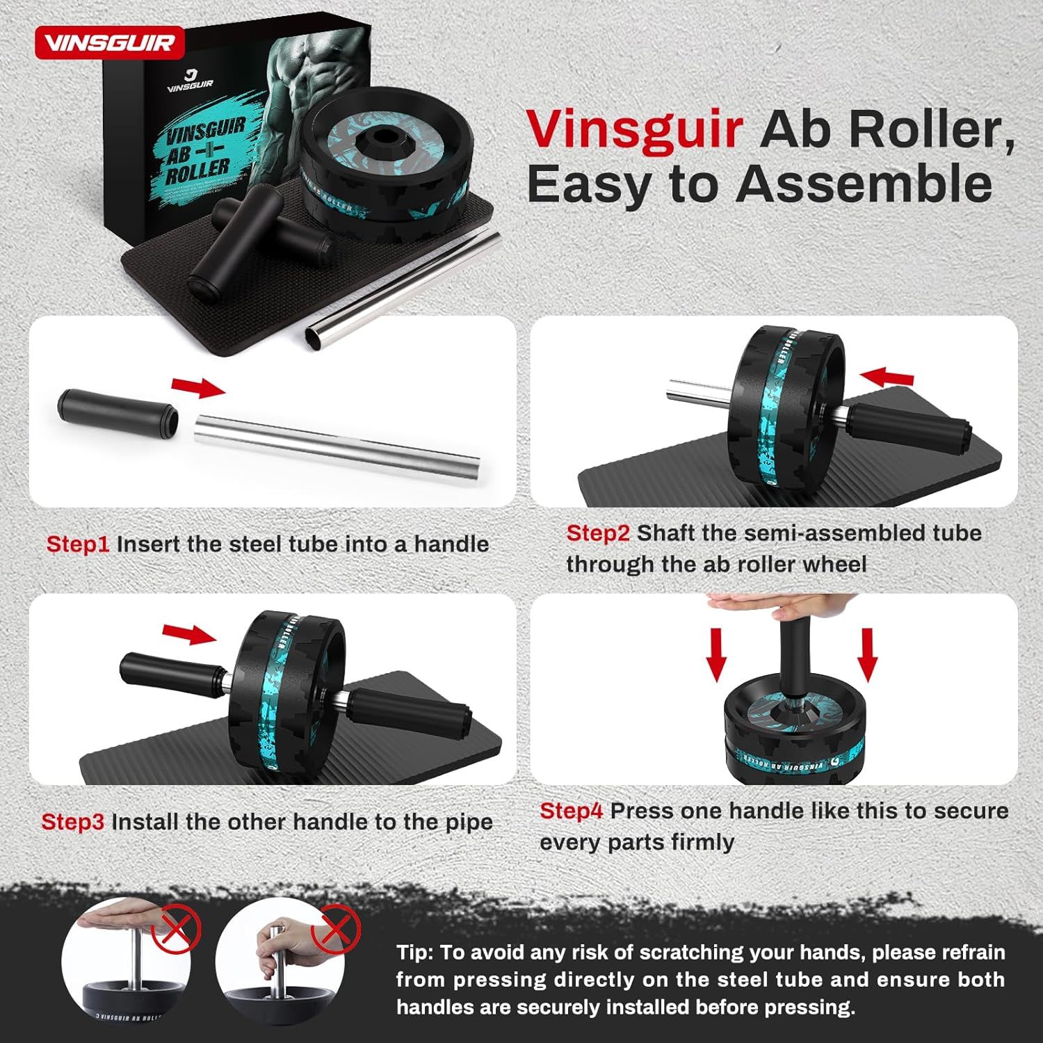 This image provides clear step-by-step assembly instructions for the ab roller, showing shoppers exactly how to put the product together quickly and easily, reducing setup concerns and emphasizing…