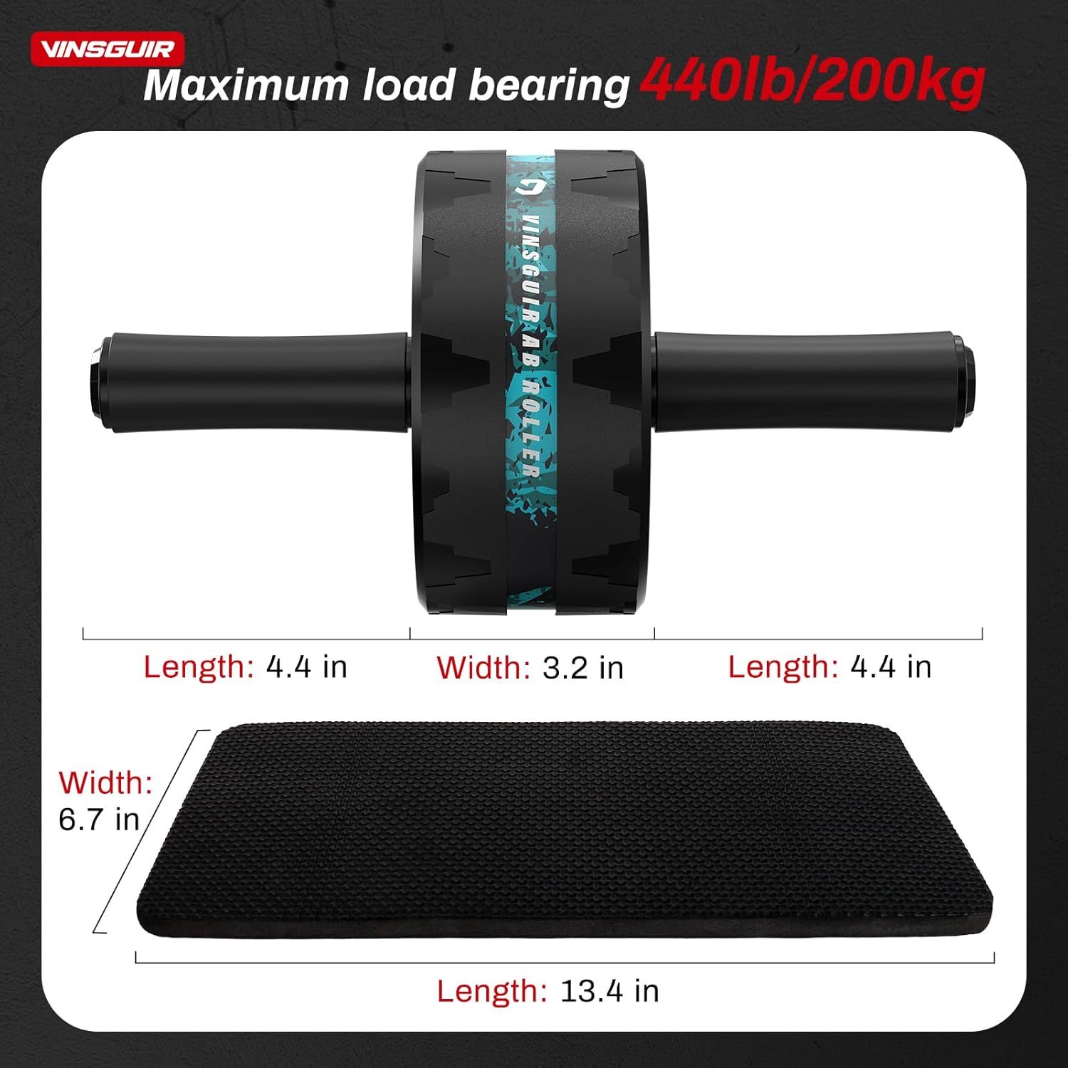 Communicates the exact physical dimensions of the ab roller wheel and mat, along with its maximum load bearing capacity, to help shoppers understand the product's size and weight capacity.…