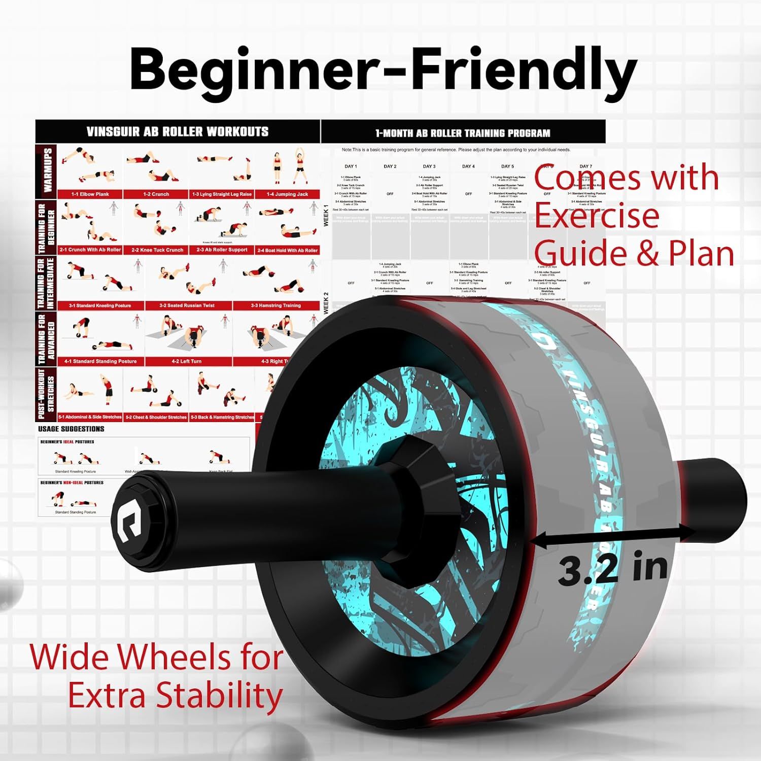 Communicates multiple selling benefits of the ab roller including its beginner-friendly design, included workout guide, wide wheel stability, and specific wheel dimensions to reassure shoppers this…