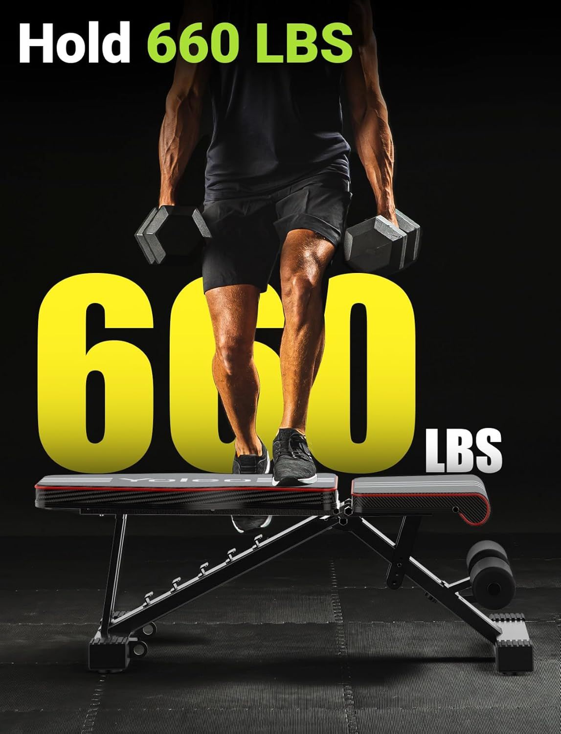 Communicates the impressive weight capacity of the workout bench to reassure shoppers that it is sturdy, durable, and suitable for heavy-duty strength training.