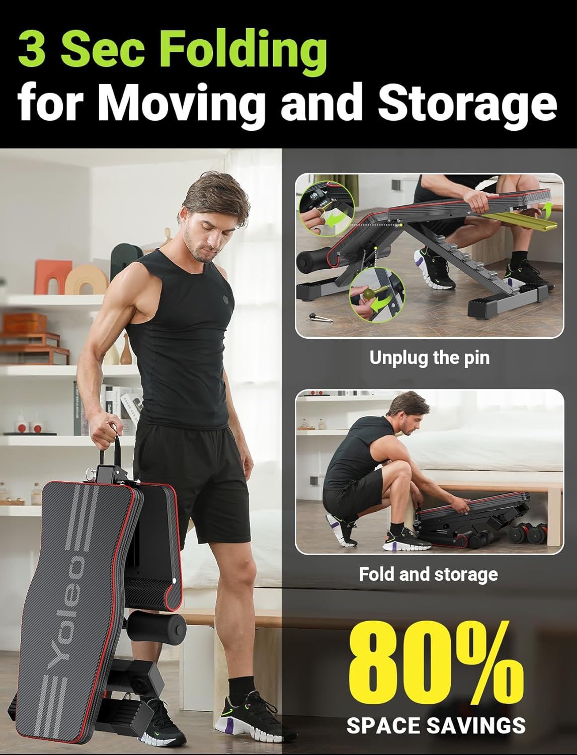 Demonstrates the simple 3-second folding process for the workout bench, showing shoppers how easy it is to store and transport, with step-by-step visuals highlighting the pin removal and folding…