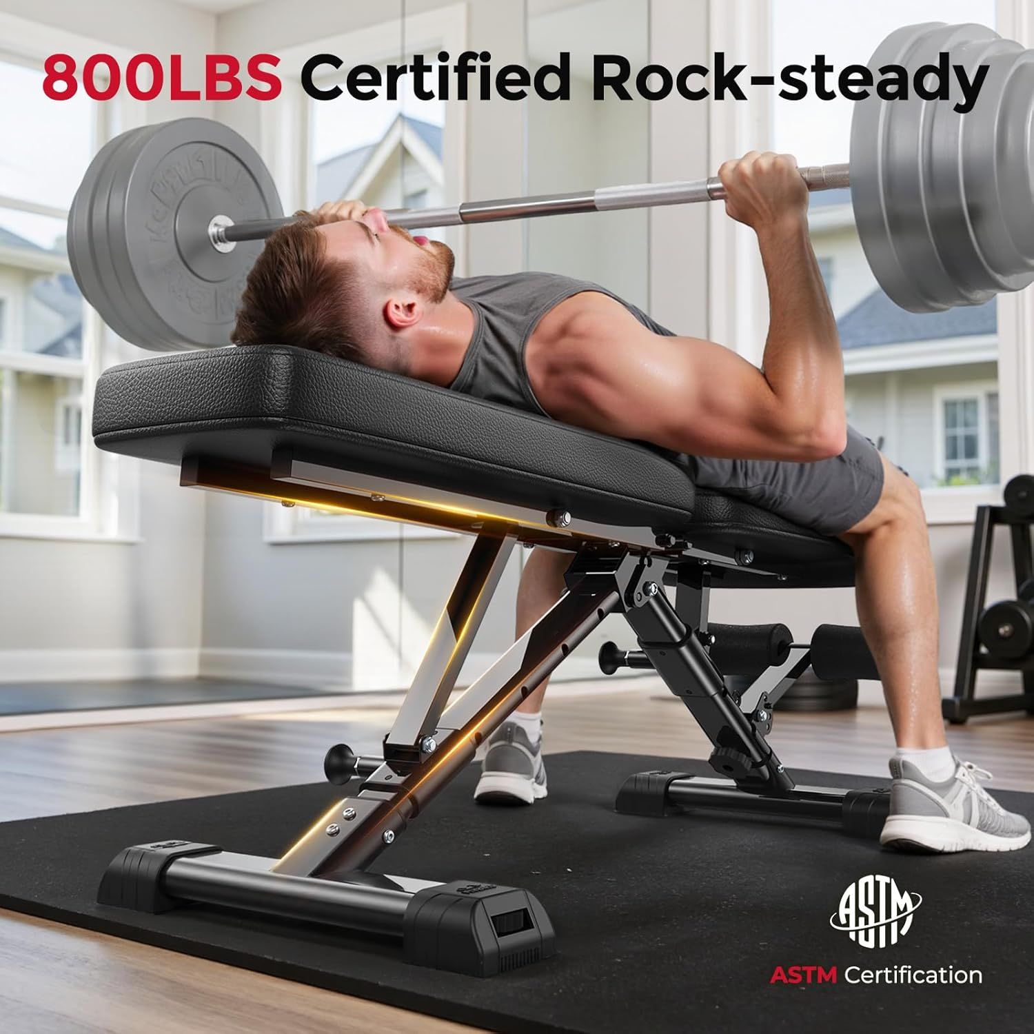 Communicates the bench's certified 800-pound weight capacity to reassure shoppers of its strength, stability, and safety for heavy lifting. Highlights the product's ASTM certification to build trust…