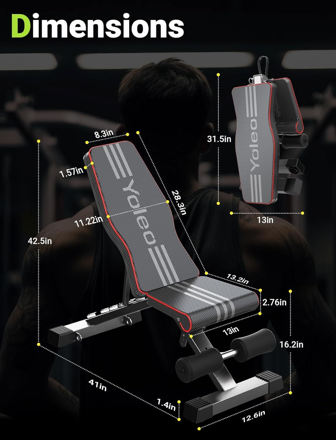 Provides detailed measurements of the workout bench in multiple positions to help shoppers understand the exact physical size and space requirements of the product.
