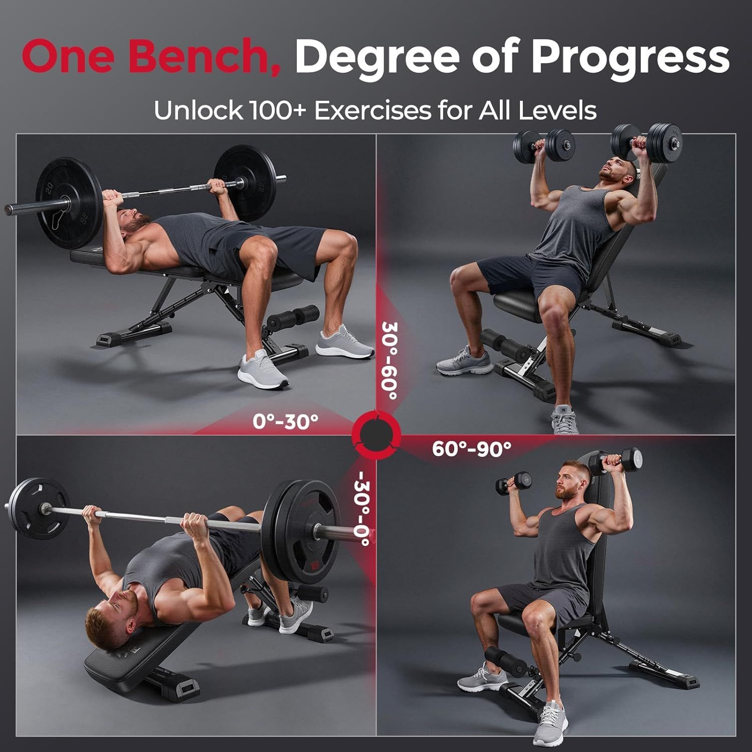 Demonstrates how the adjustable bench can be used at different angles (0-30 degrees and 60-90 degrees) to unlock 100+ exercises for all fitness levels, showing versatility and proper usage. Shows…