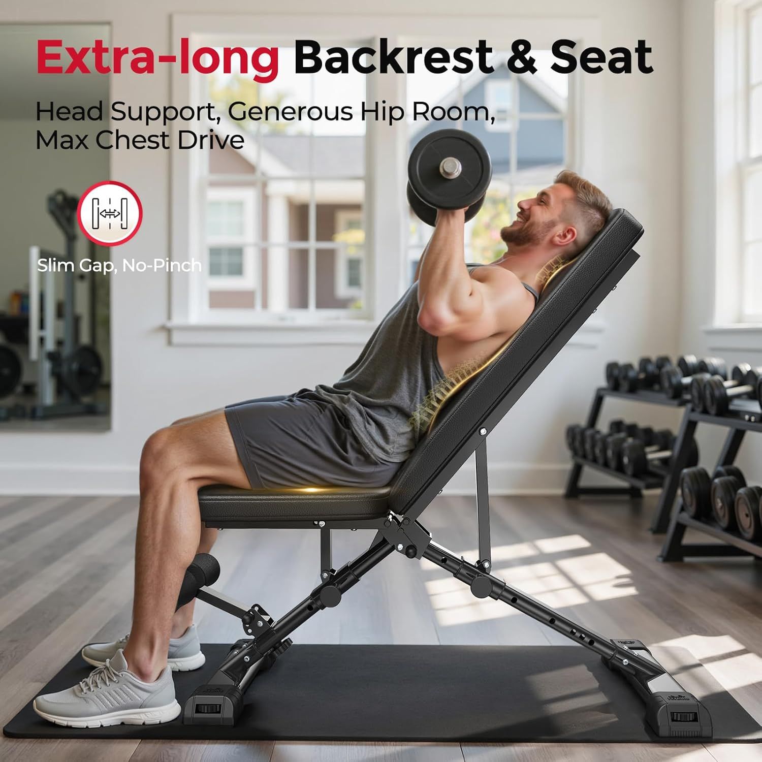 Highlights the ergonomic design and comfort features of the workout bench, emphasizing the extra-long backrest and seat that provide head support, generous hip room, and maximum chest drive…