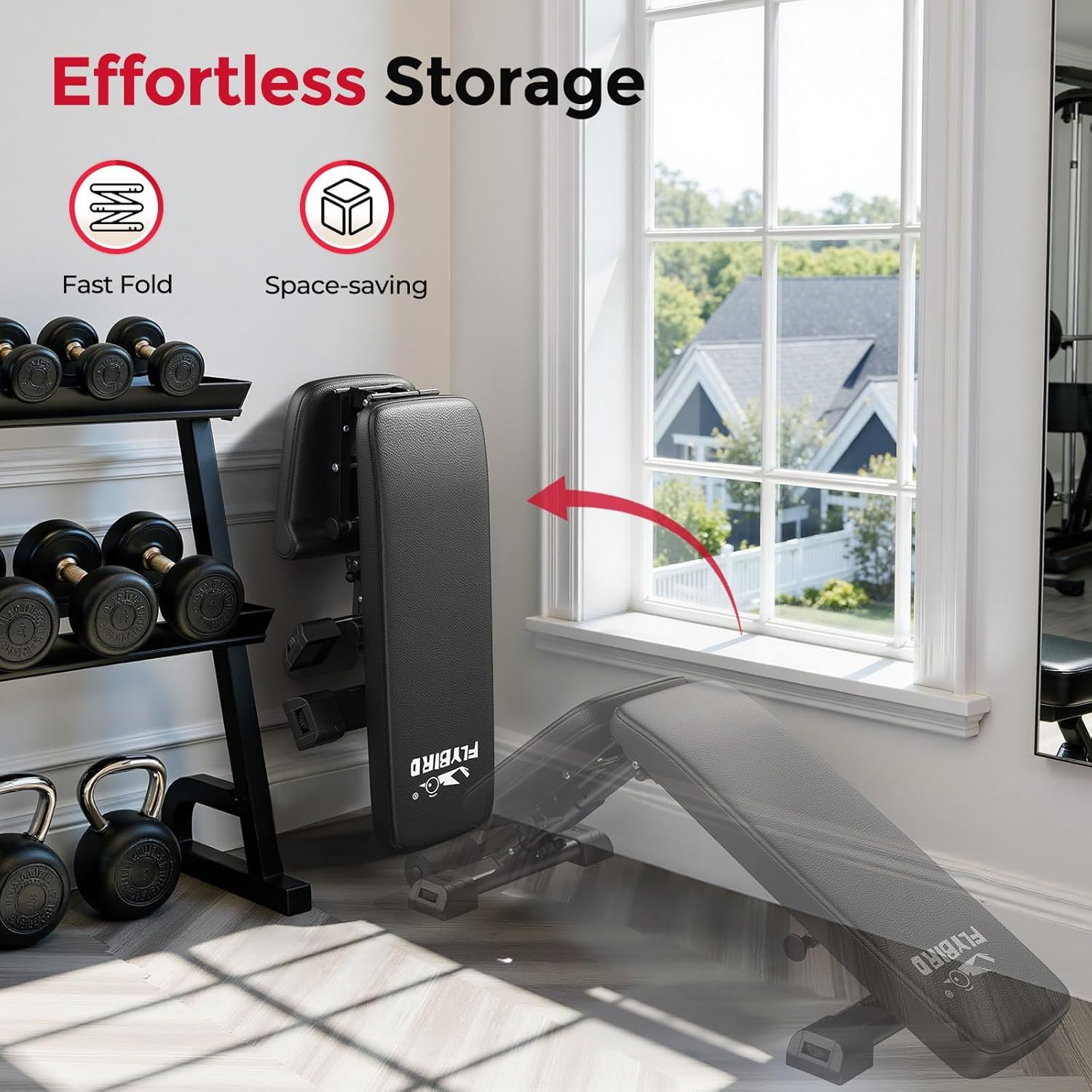 Communicates two distinct benefits of the workout bench: it folds quickly for easy setup/takedown and saves space when stored, making it ideal for home gyms with limited room.