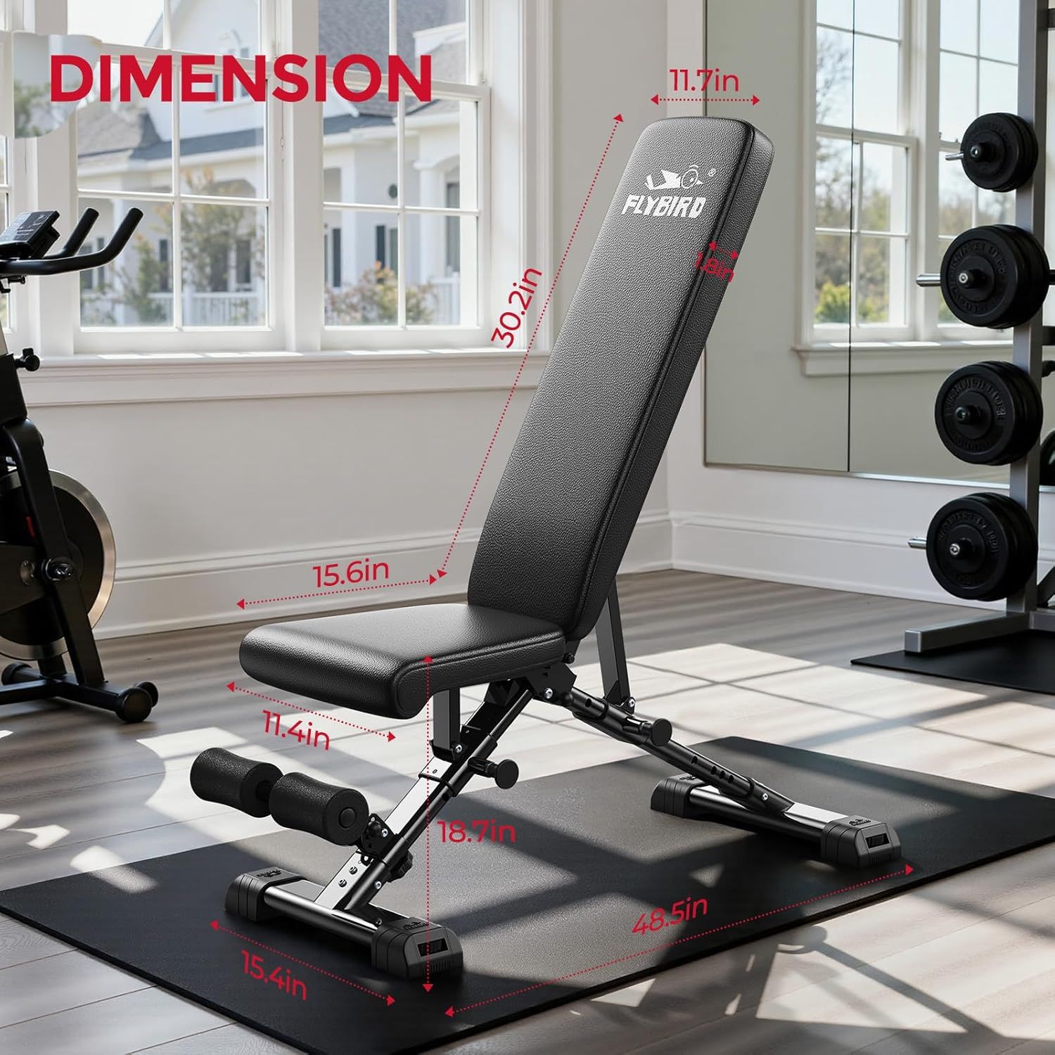 Communicates the exact physical dimensions of the workout bench to help shoppers understand its size and whether it will fit in their home gym space.