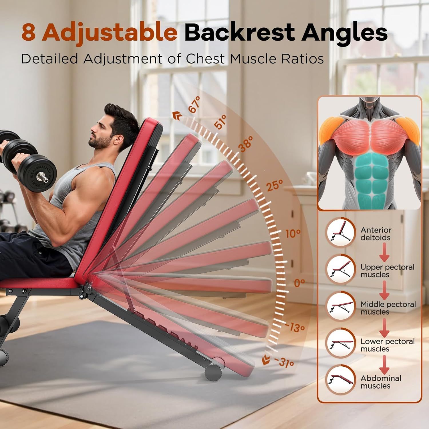 Communicates the versatility and precision of the adjustable workout bench by showing multiple angle settings and how each targets different muscle groups, helping shoppers understand the…