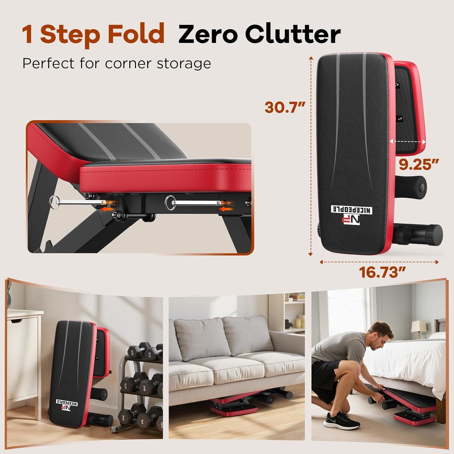 Communicates the exact physical dimensions of the workout bench (30.7" x 16.73" x 9.25") and demonstrates its compact, foldable design that makes it easy to store in corners or under furniture,…