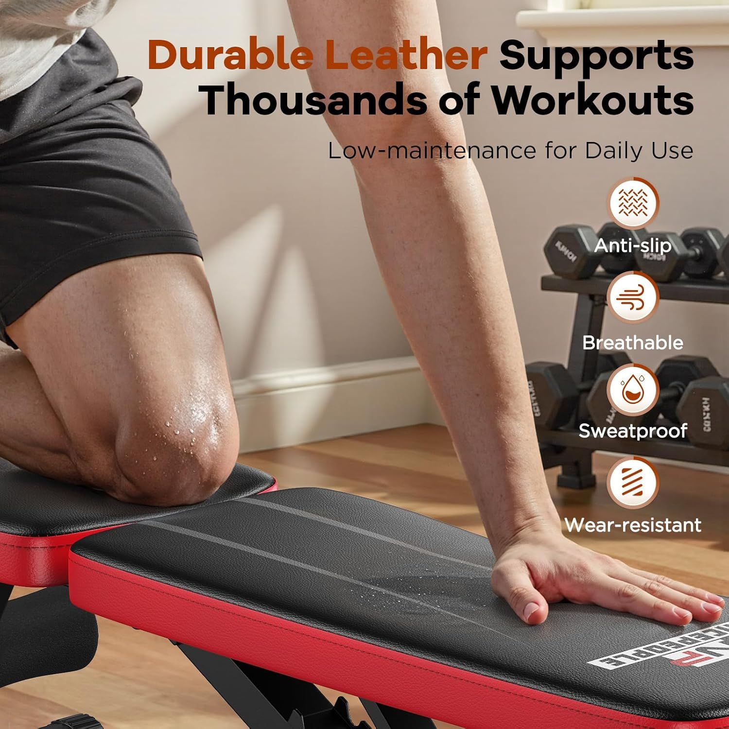 Communicates multiple material and performance benefits of the workout bench to reassure shoppers of its durability, comfort, and suitability for intense daily workouts.