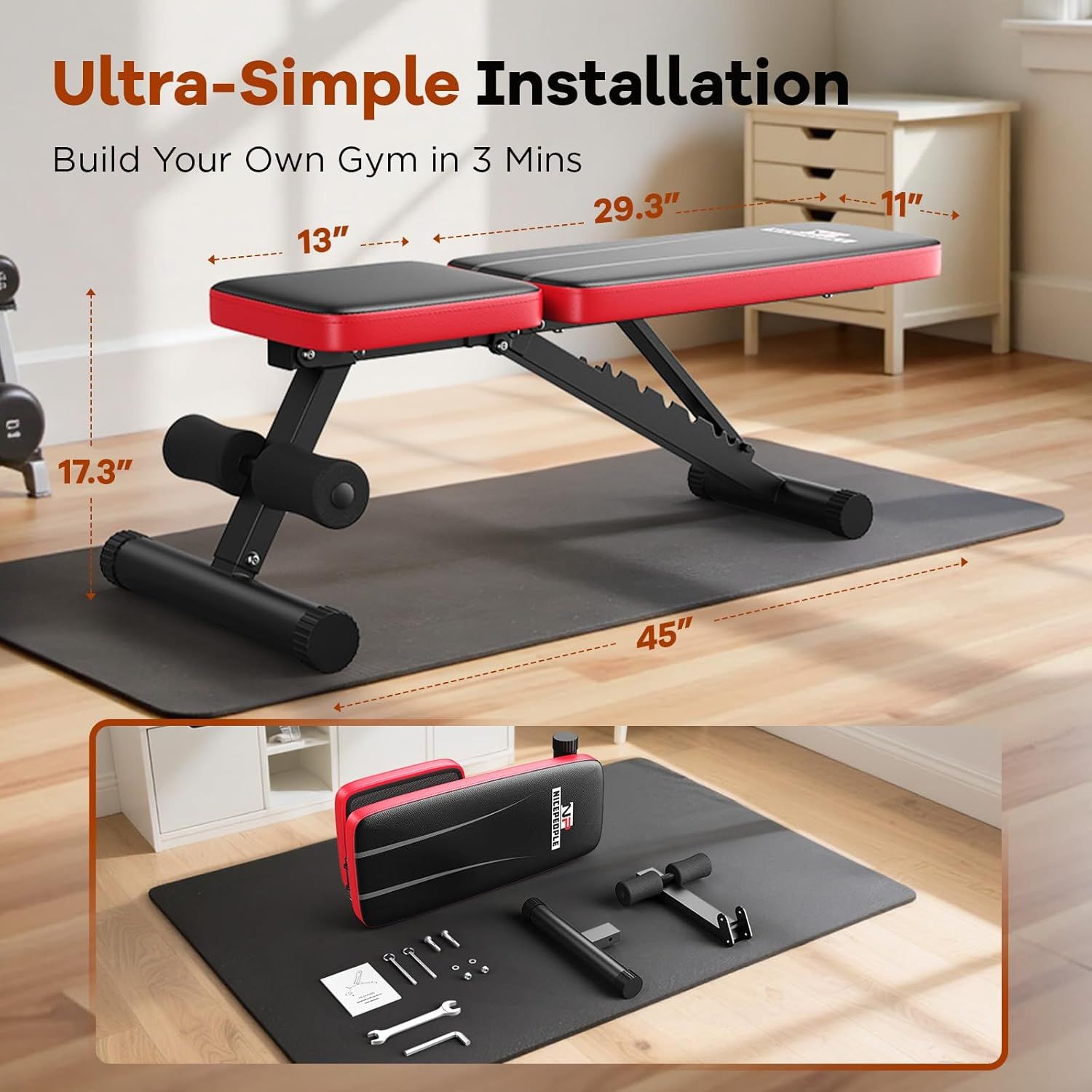 Demonstrates the ultra-simple installation process, showing shoppers that the workout bench can be assembled in just 3 minutes with minimal effort. Provides exact measurements of the workout bench…