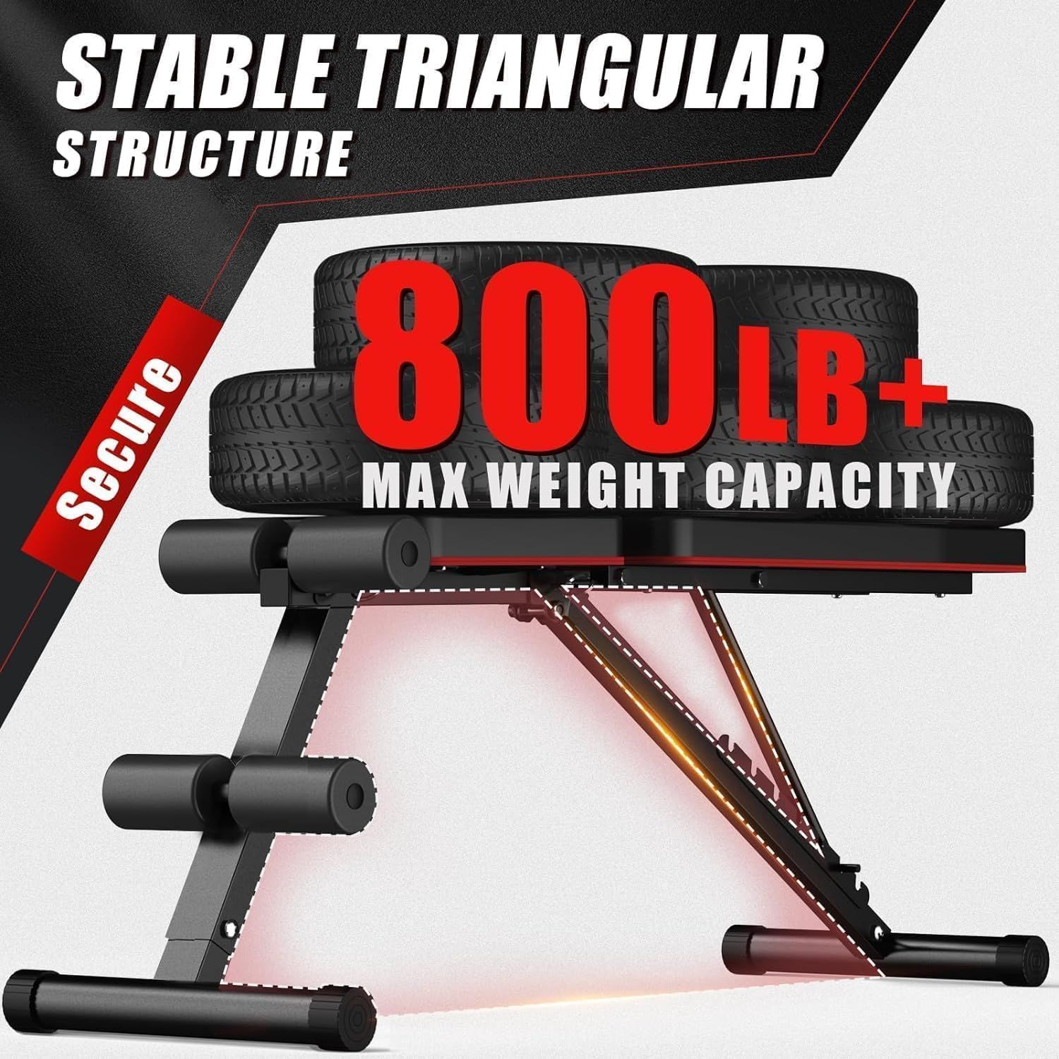 Communicates the product's impressive weight capacity to reassure shoppers that the bench is strong, stable, and suitable for heavy-duty workouts. Highlights the structural design and engineering of…
