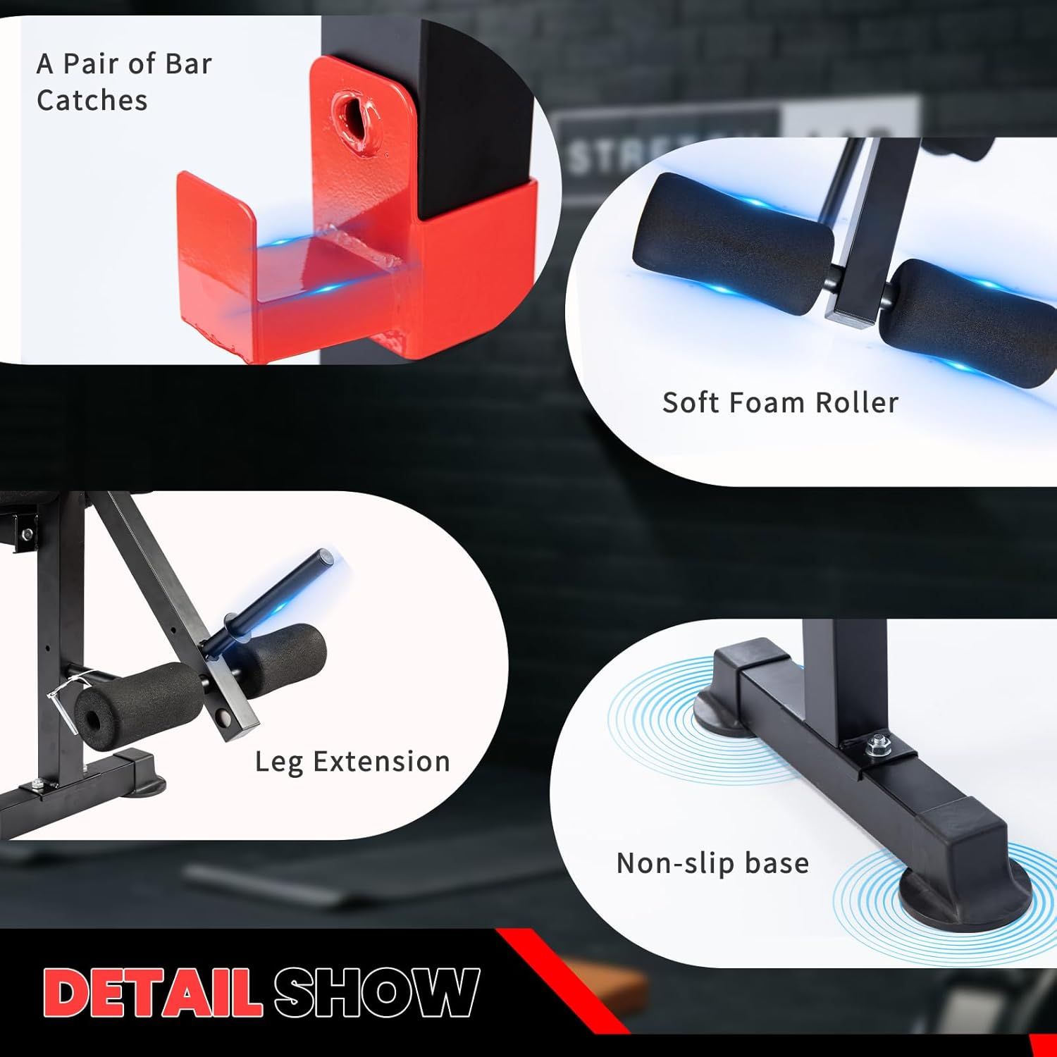 This image breaks down the key physical components of the workout equipment to help shoppers understand the construction and design features that make up the product.