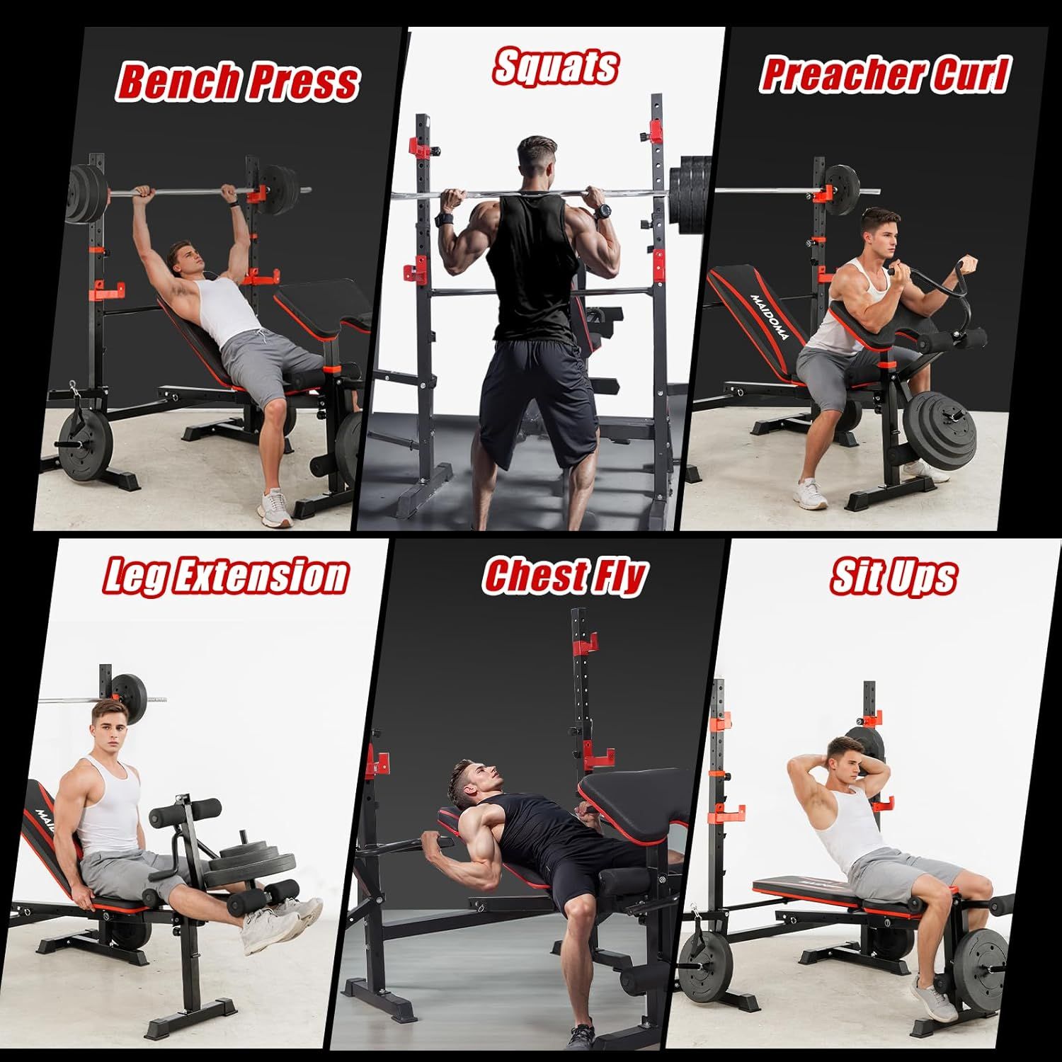 Demonstrates the versatility of the weight bench by showing six different exercises that can be performed with the equipment, reassuring shoppers that this is a multi-functional home gym solution.