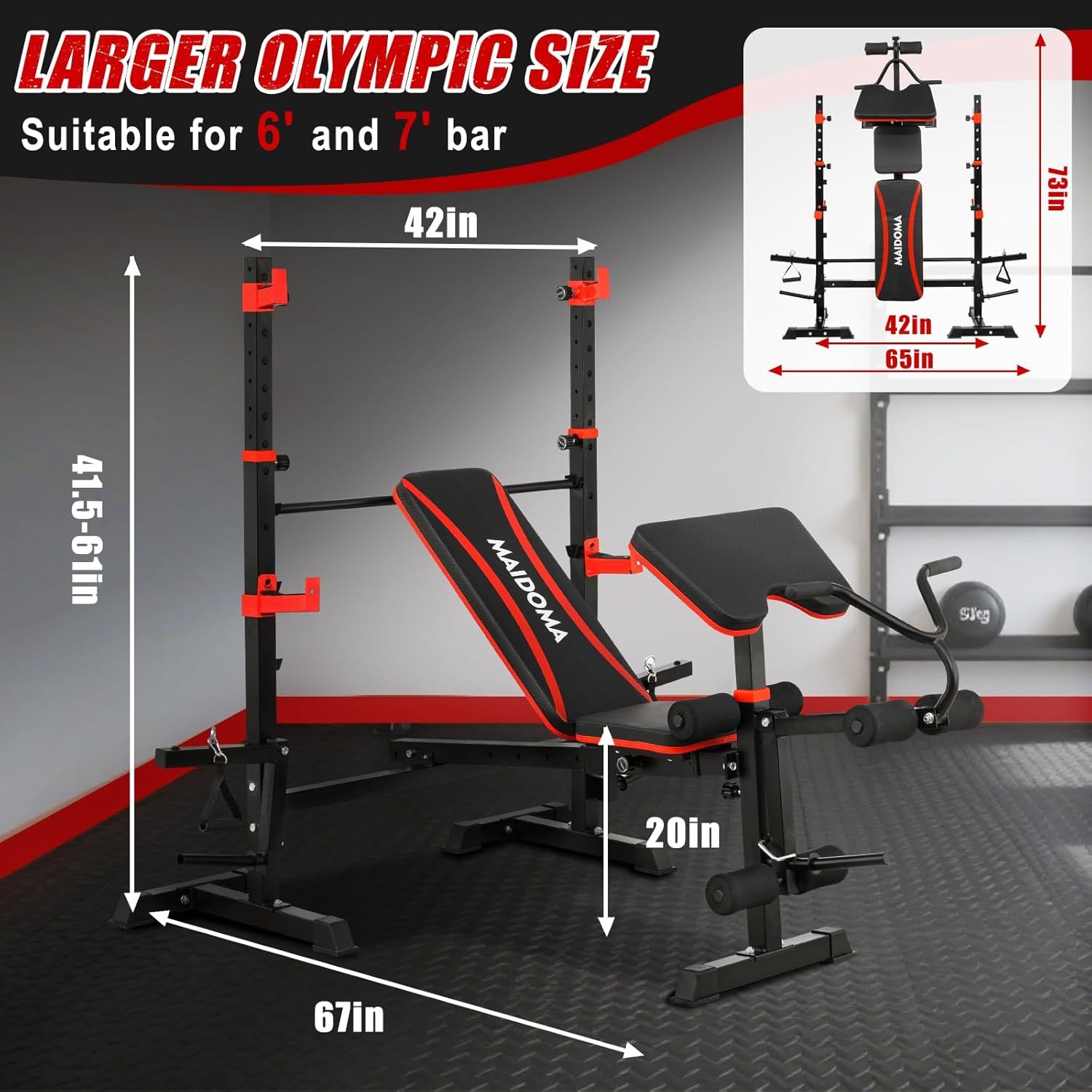 Communicates the physical dimensions of the weight bench (67in x 41.5-61in x 42in) and its compatibility with 6' and 7' Olympic bars to help shoppers understand if it fits their space and equipment.