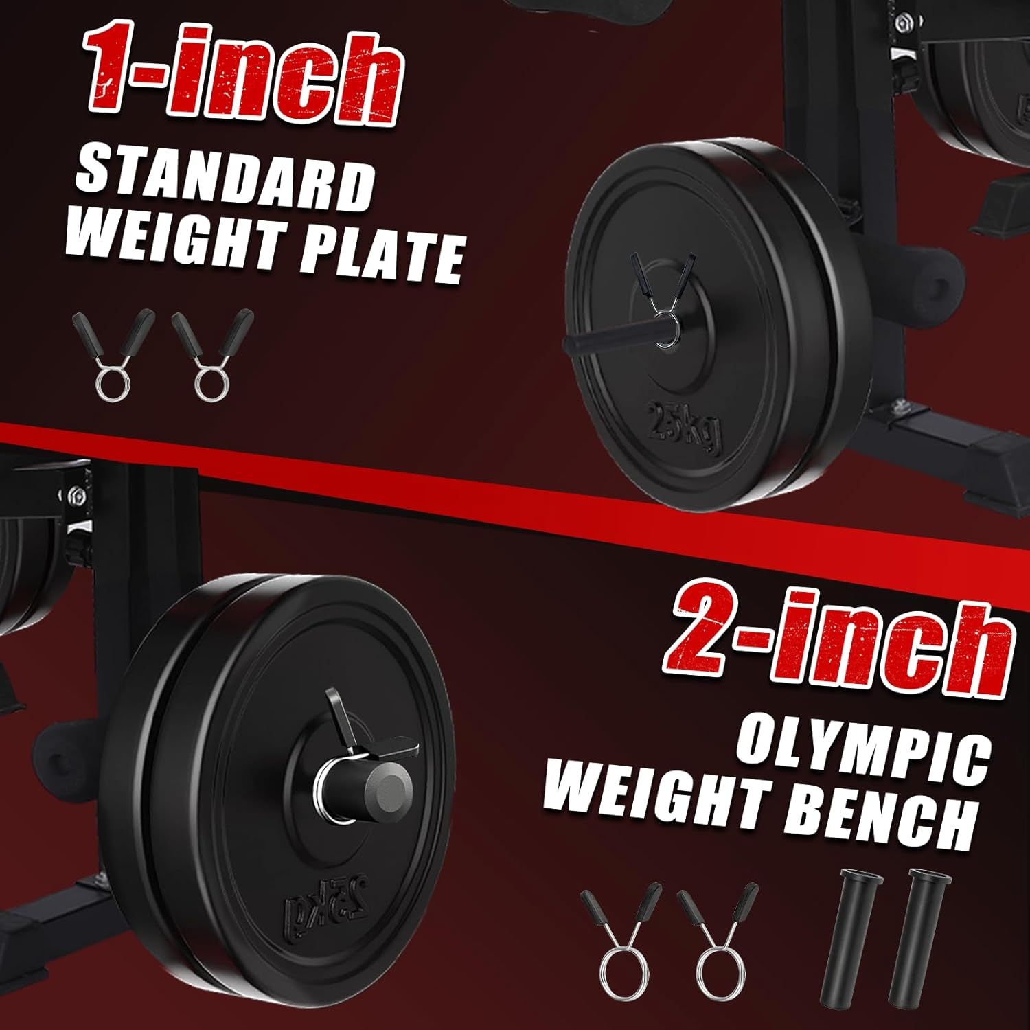 Communicates that the product offers compatibility with both 1-inch standard weight plates and 2-inch Olympic weight benches, reassuring shoppers about versatility and fit with their existing…