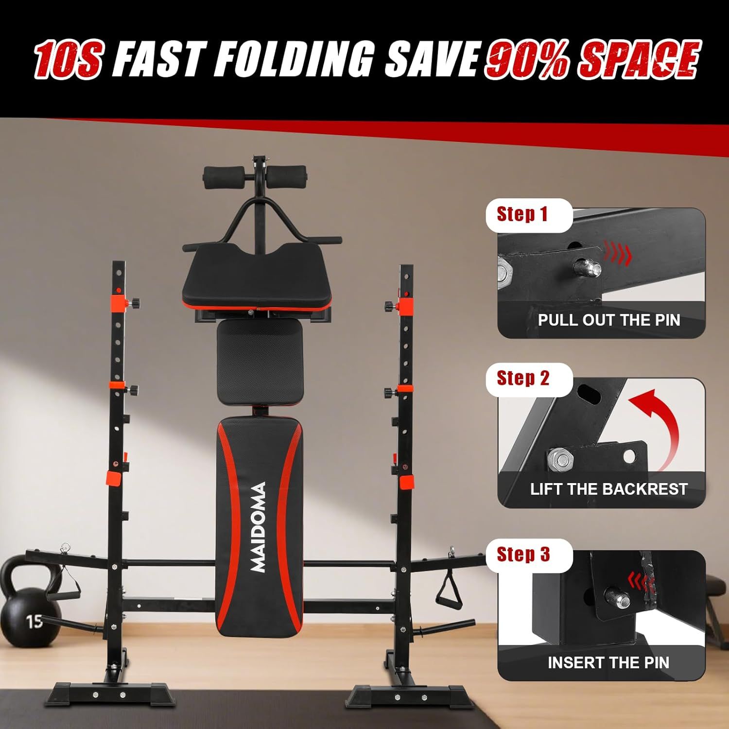 Demonstrates the 3-step folding process to show shoppers how quickly and easily the bench can be set up or stored, emphasizing the 10-second folding time and 90% space savings. Highlights…