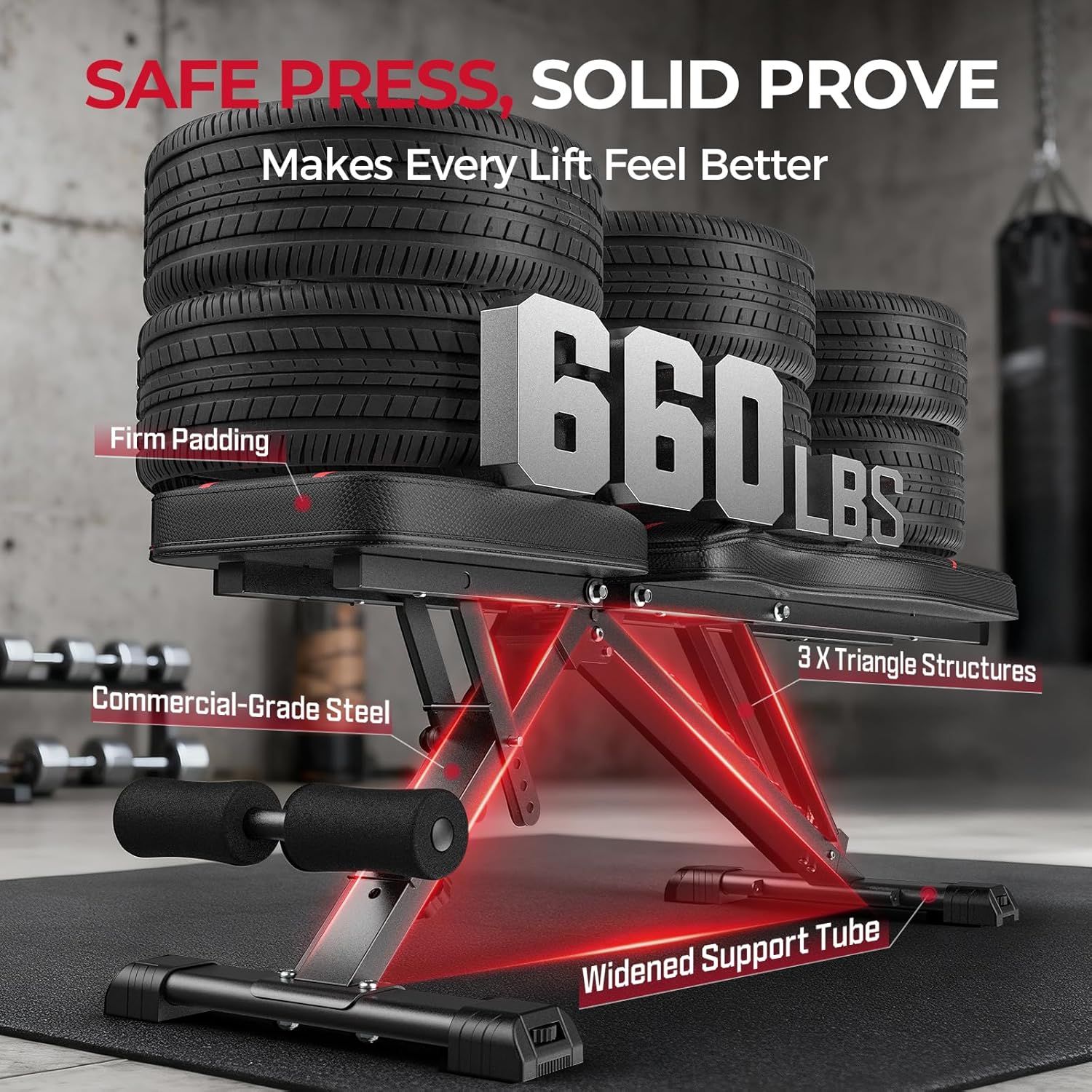 Breaks down the weight bench's key structural components and materials to demonstrate its durability, safety, and commercial-grade construction quality. Highlights the impressive 660-pound weight…