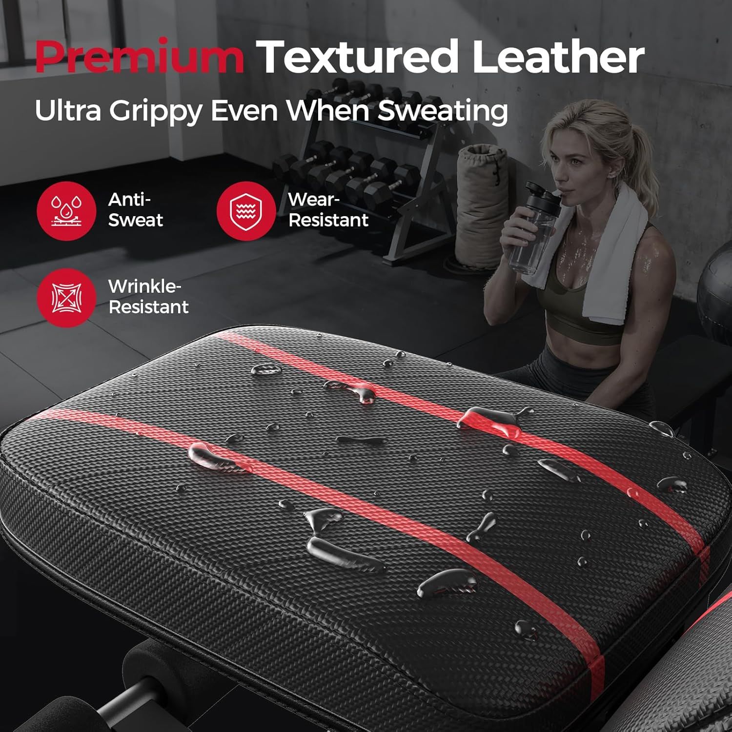 Communicates multiple material benefits of the workout bench to reassure shoppers that it's durable, comfortable, and functional even during intense sweaty workouts.