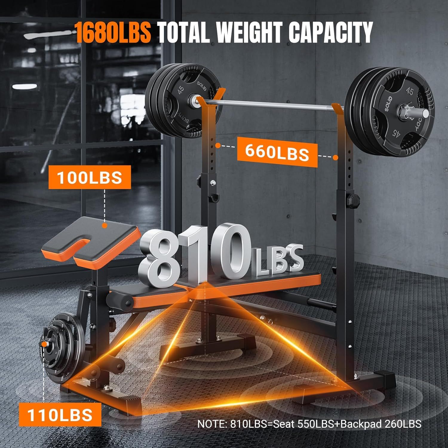 Communicates the total weight capacity of the power rack system and breaks down the weight distribution across different components to reassure buyers of its strength and stability for heavy…
