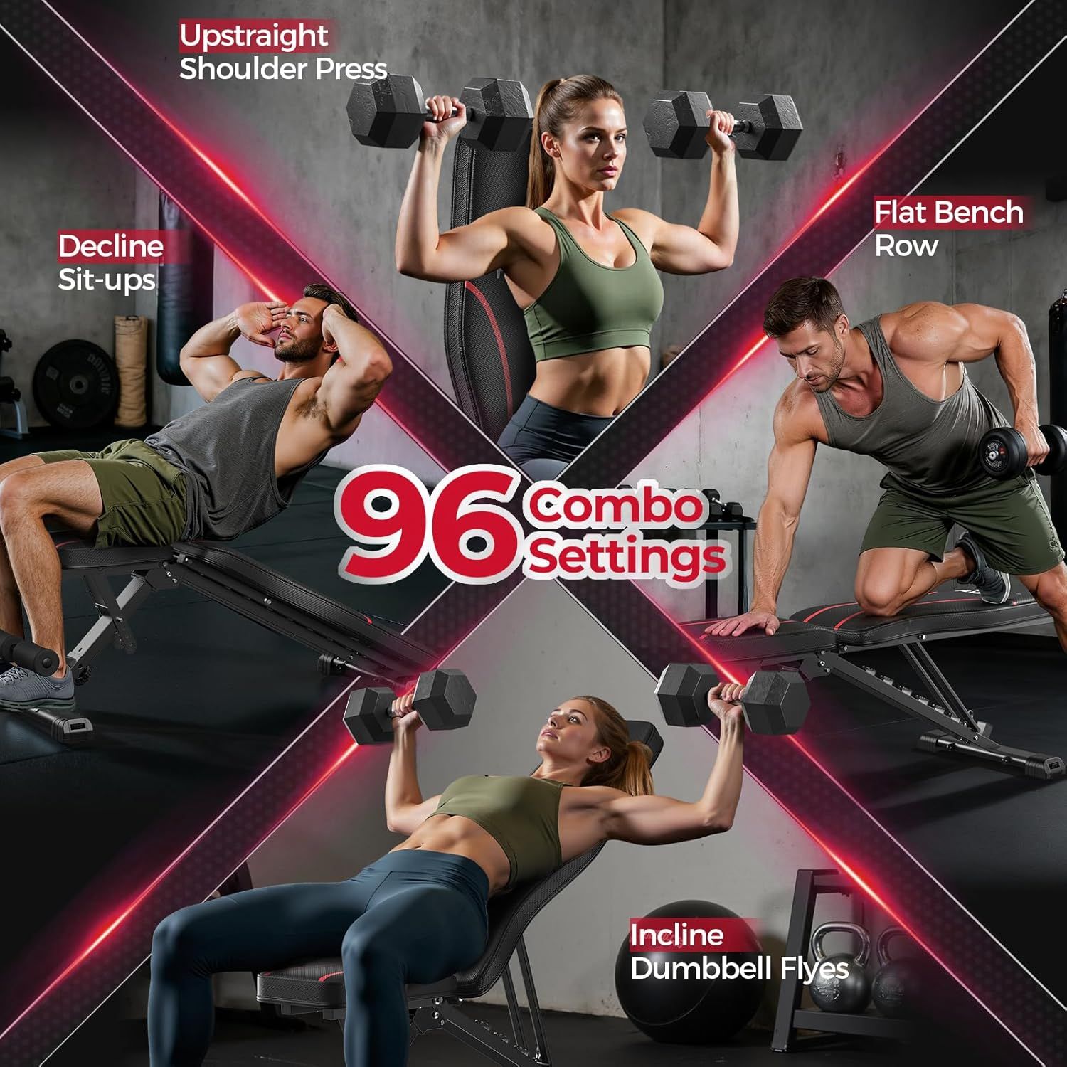 Demonstrates the versatility of the adjustable workout bench by showing four different exercise applications (decline sit-ups, upright shoulder press, flat bench row, and incline dumbbell flyes),…