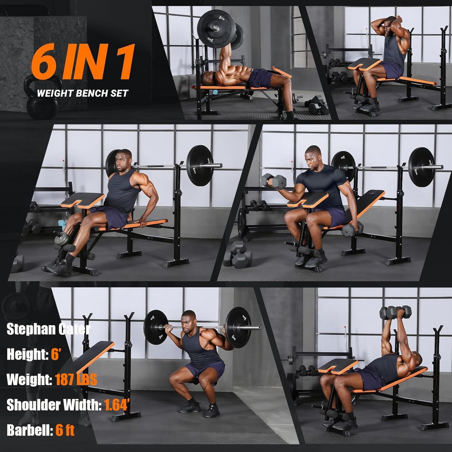 Demonstrates the 6-in-1 versatility of the weight bench by showing multiple different exercises and positions possible with the equipment, reassuring shoppers of its multi-functional value. Shows…