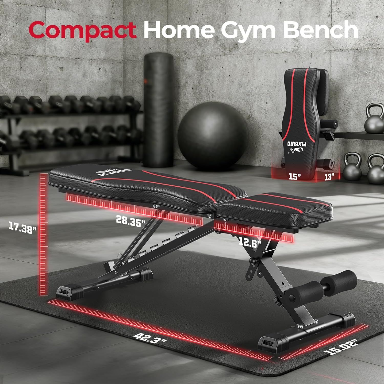 Communicates the exact physical dimensions of the gym bench to help shoppers understand its size and ensure it fits their home gym space. Highlights the compact, space-efficient design of the bench…