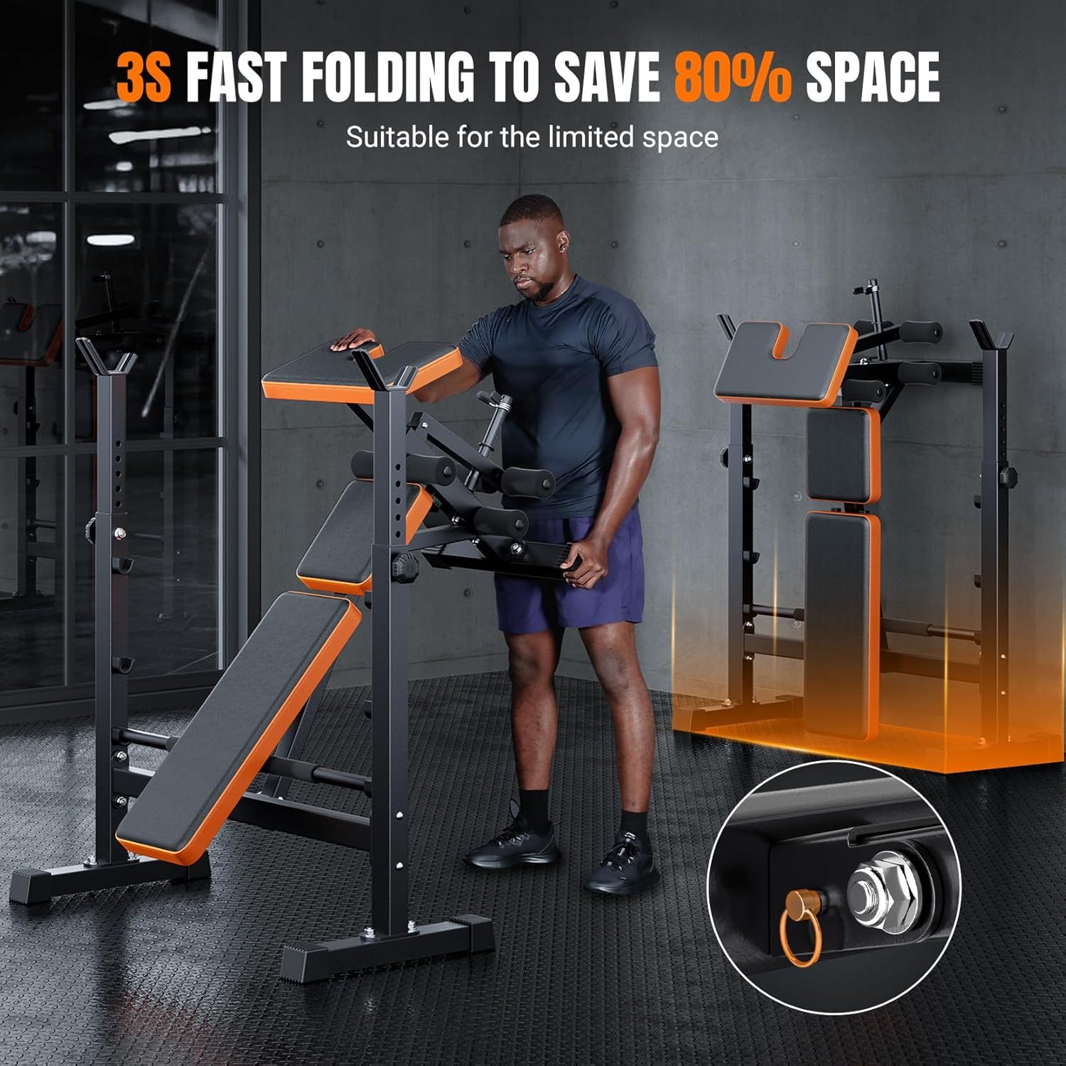 Communicates that the workout bench folds quickly (3 seconds) to save 80% space, making it ideal for home gyms with limited room. Highlights the quantifiable performance claim that the product saves…