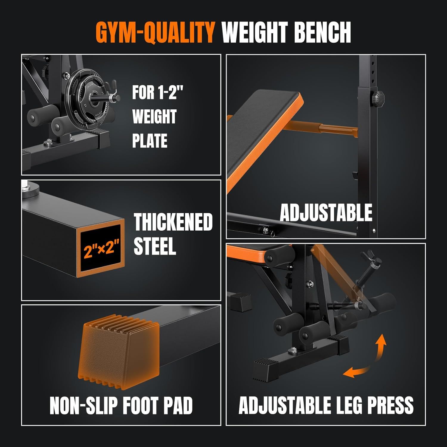 This image showcases multiple distinct features and benefits of the gym-quality weight bench in a segmented layout, highlighting its versatility, durability, stability, and adjustability to reassure…