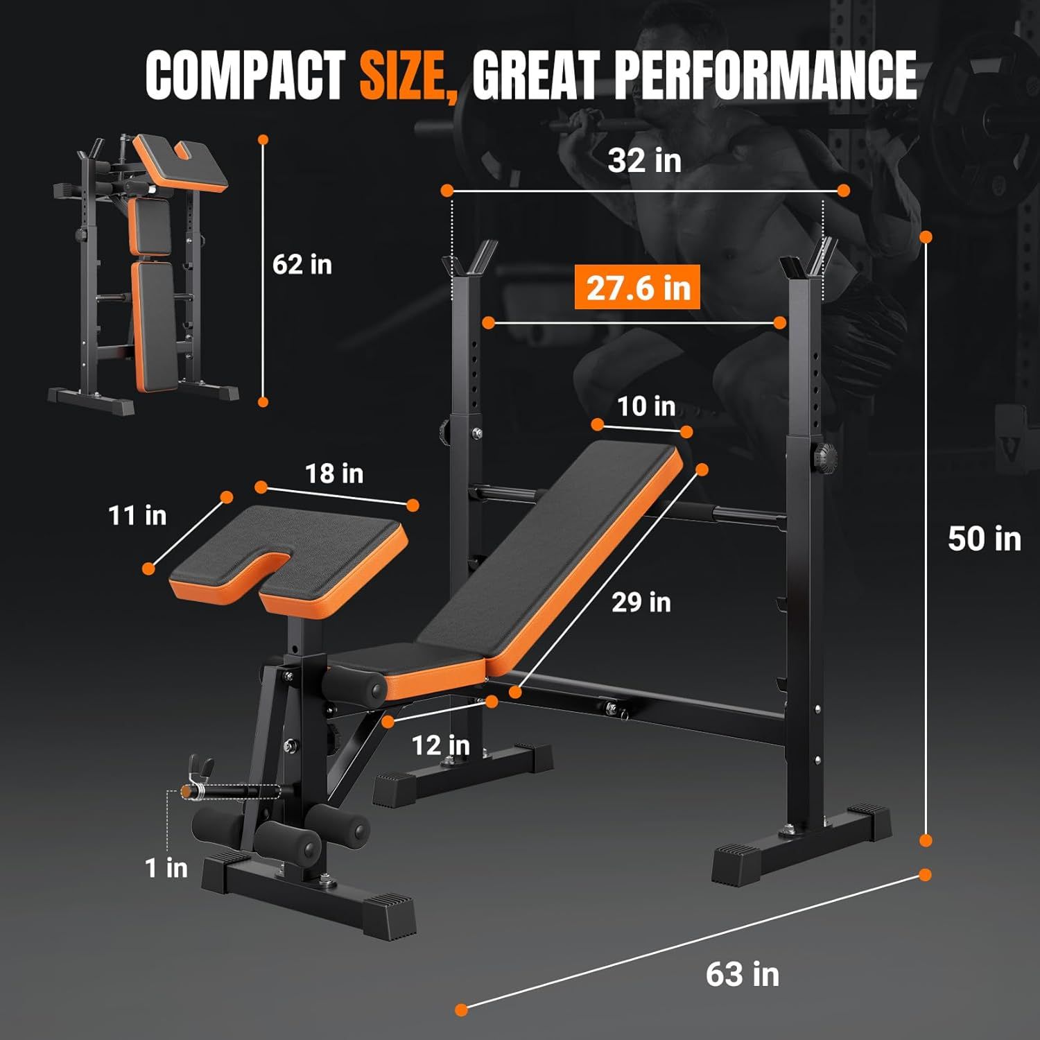 Communicates the exact physical dimensions of the weight bench to help shoppers understand its size and footprint, while emphasizing its compact design despite great performance.