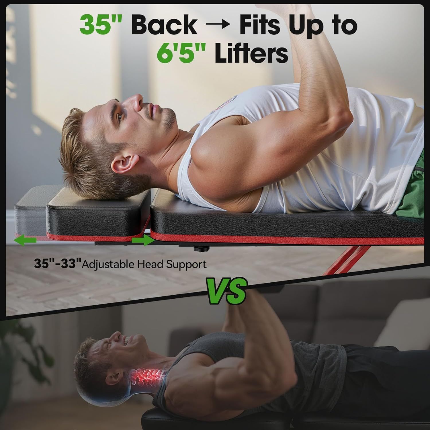 Demonstrates the superiority of this weight bench by showing its adjustable head support (35-33 inches) that accommodates tall lifters up to 6'5" versus a generic competitor bench that causes neck…