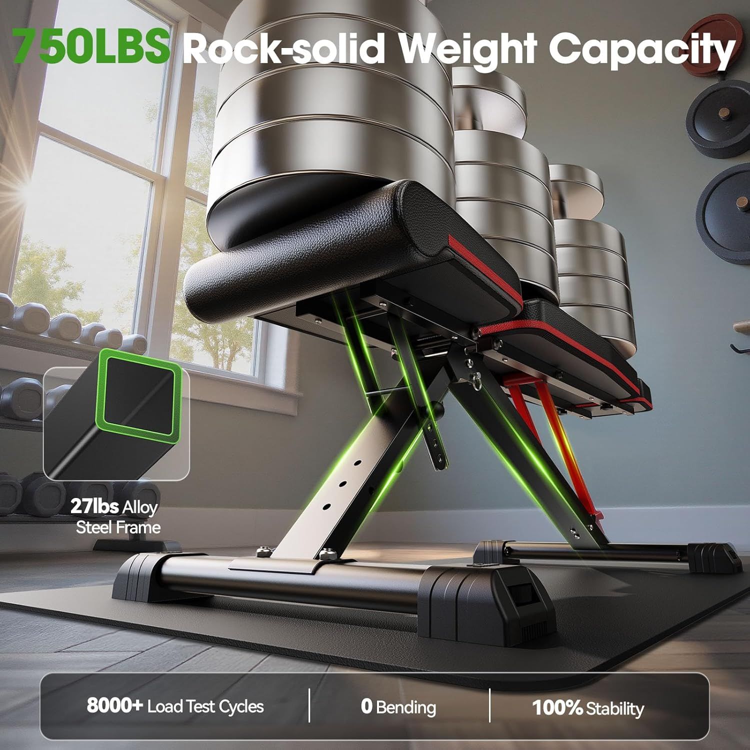 Communicates the product's exceptional weight capacity and durability through bold performance statistics to reassure shoppers that this workout bench can safely support heavy loads and withstand…