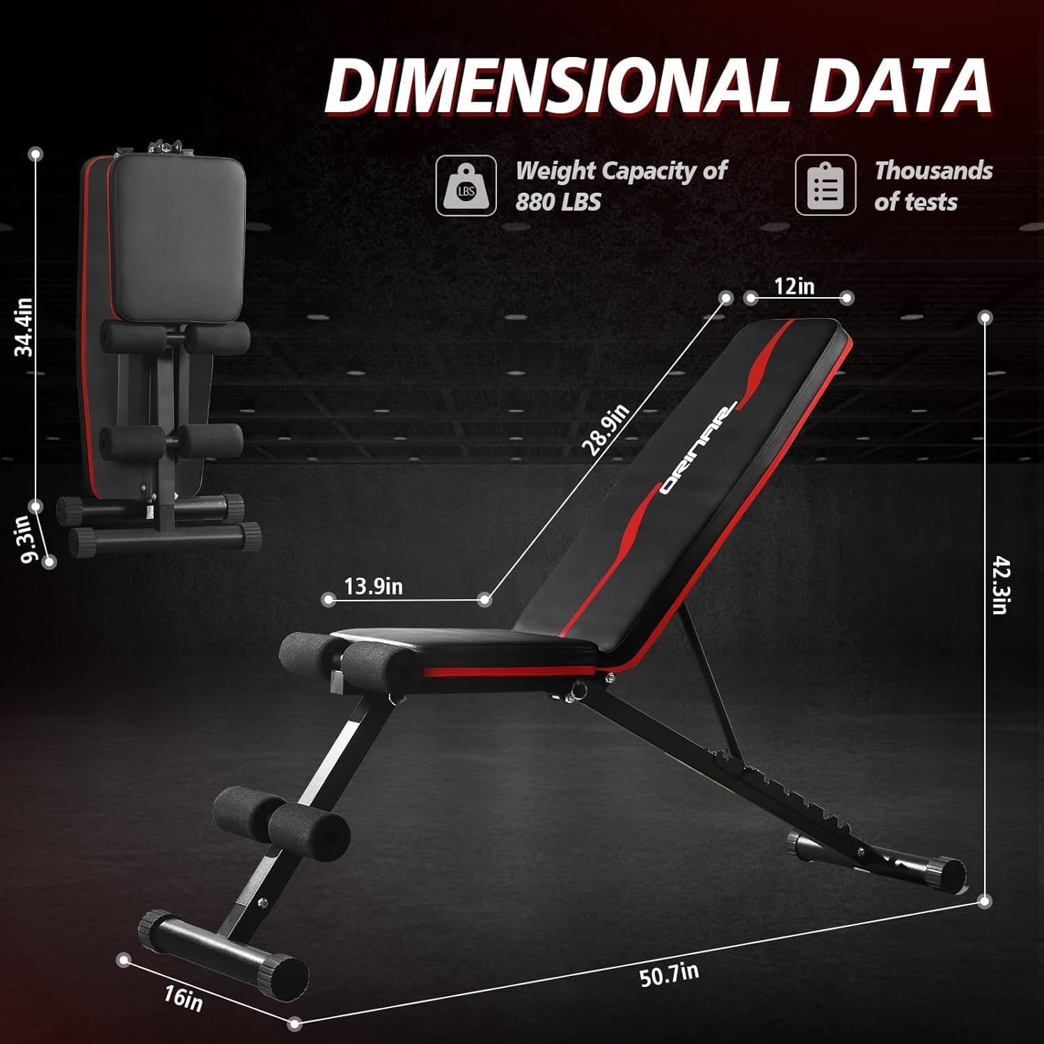 Provides exact dimensional measurements and weight capacity to help shoppers understand the physical size and load-bearing capability of the workout bench. Highlights the impressive weight capacity…