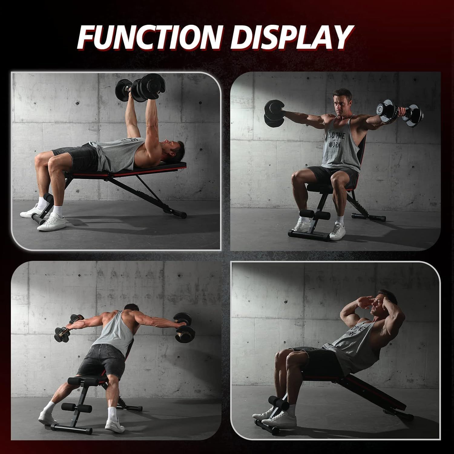 Demonstrates the versatility of the workout bench by showing four different exercise positions and applications, reassuring shoppers that this single piece of equipment supports a full-body workout…