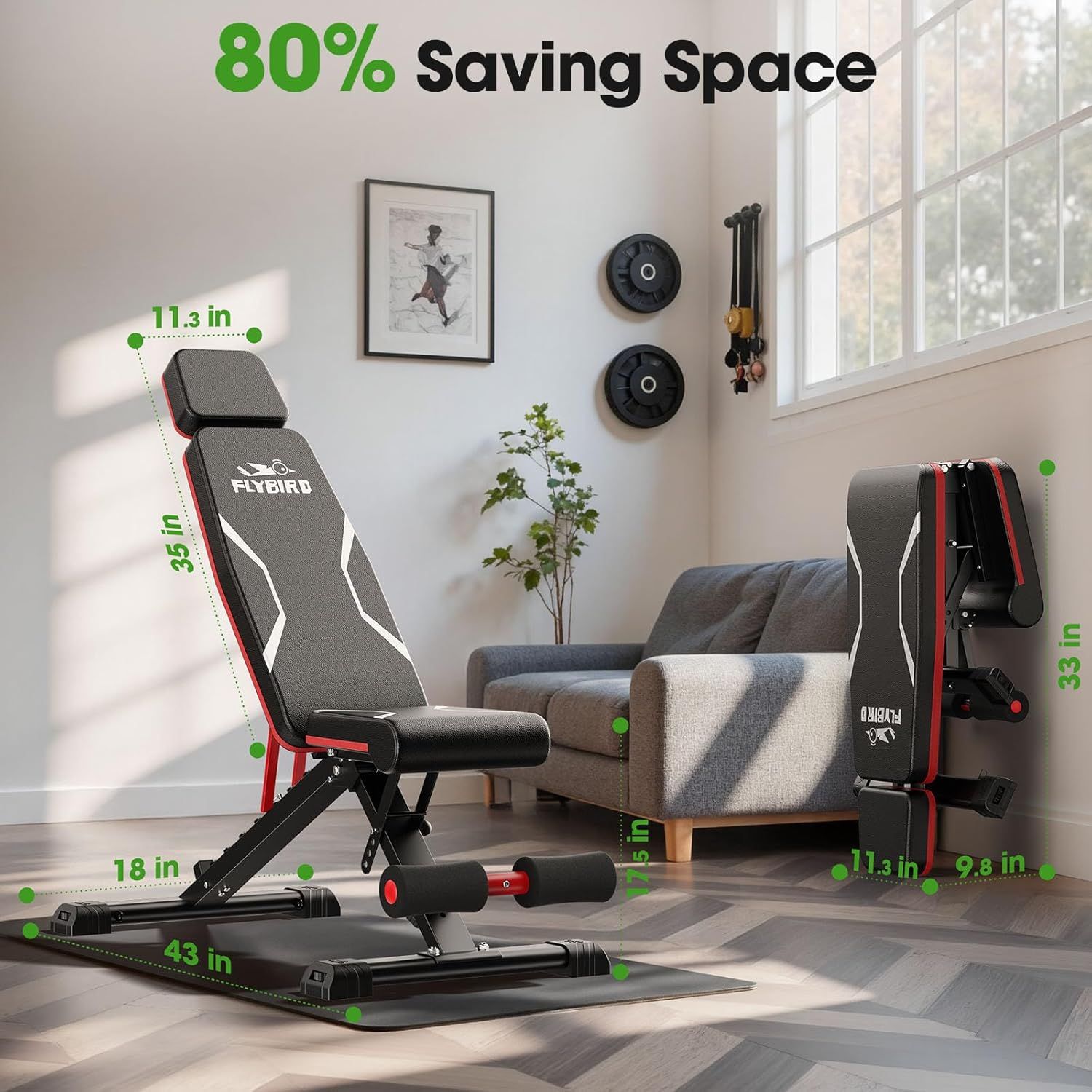 Demonstrates the product's compact footprint with exact measurements to reassure shoppers that it fits in small spaces and saves 80% space when folded. Highlights the quantifiable space-saving…
