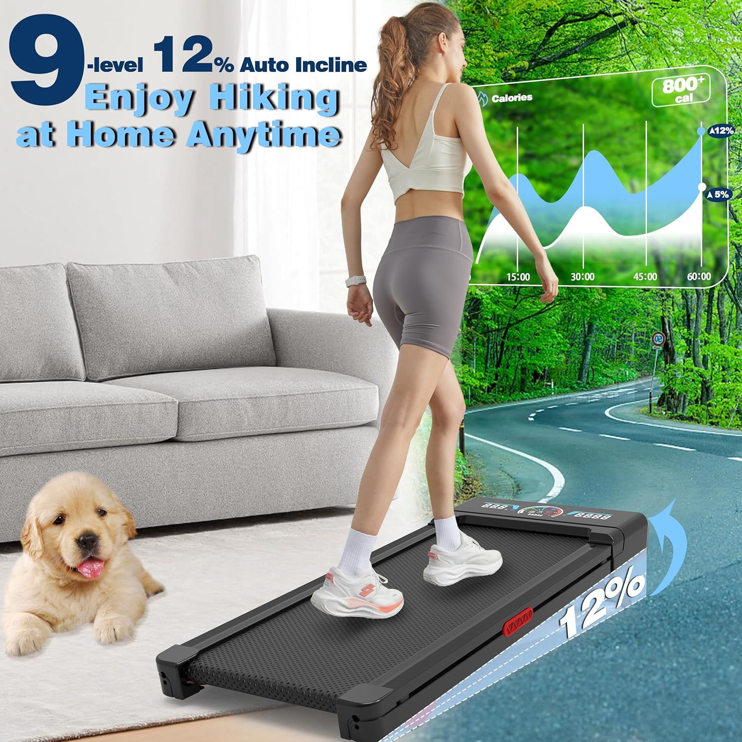 Highlights the treadmill's quantifiable performance features—12% auto incline with 9 levels—and calorie-burning capacity to demonstrate workout effectiveness and customization. Showcases multiple…