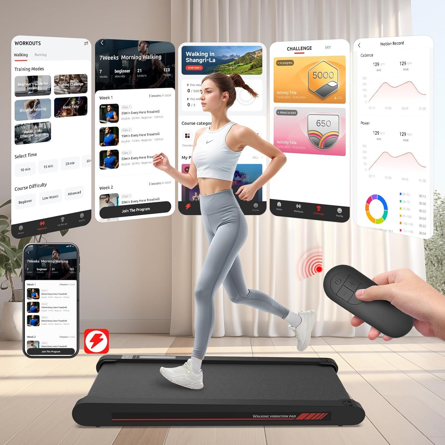 Demonstrates the treadmill's comprehensive app ecosystem with multiple workout programs, challenge tracking, performance metrics, and remote control functionality to show shoppers the complete…