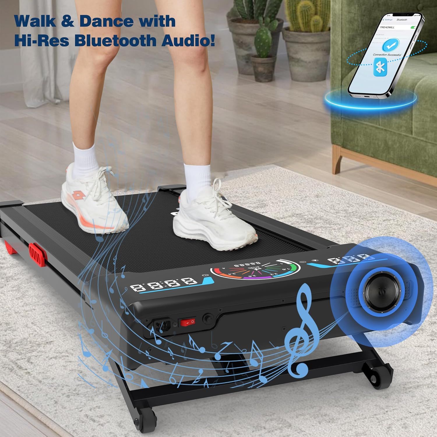 Highlights the treadmill's Bluetooth audio capability, showing shoppers they can connect their phone wirelessly to enjoy high-quality music while exercising.