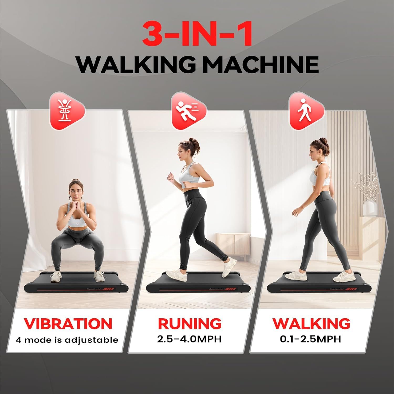 Demonstrates the three distinct workout modes available on this walking machine, showing shoppers the versatility and multiple ways they can use the product for different fitness goals.