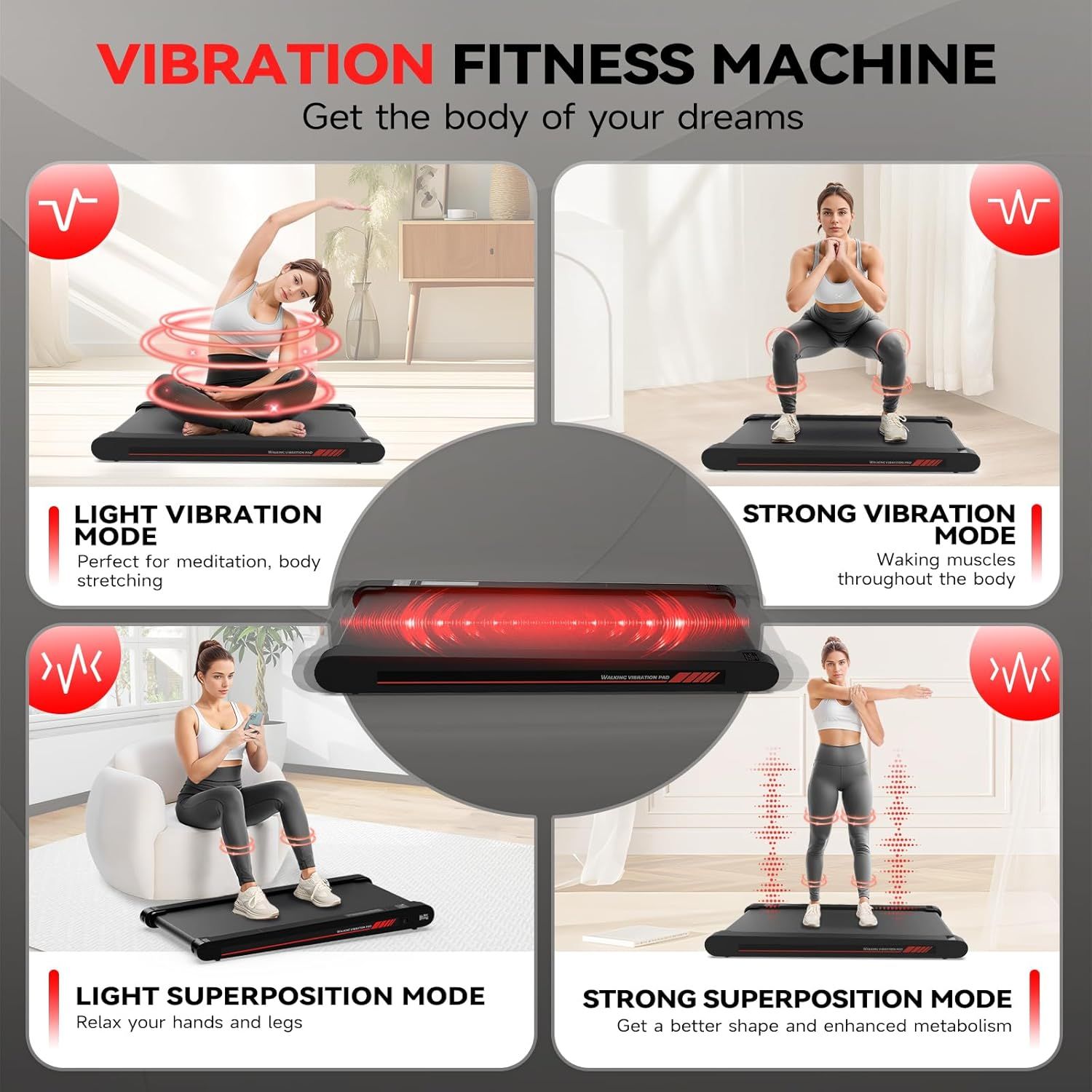 Showcases the four distinct vibration modes of the fitness machine, each designed for different workout intensities and benefits, from meditation and stretching to muscle activation and enhanced…