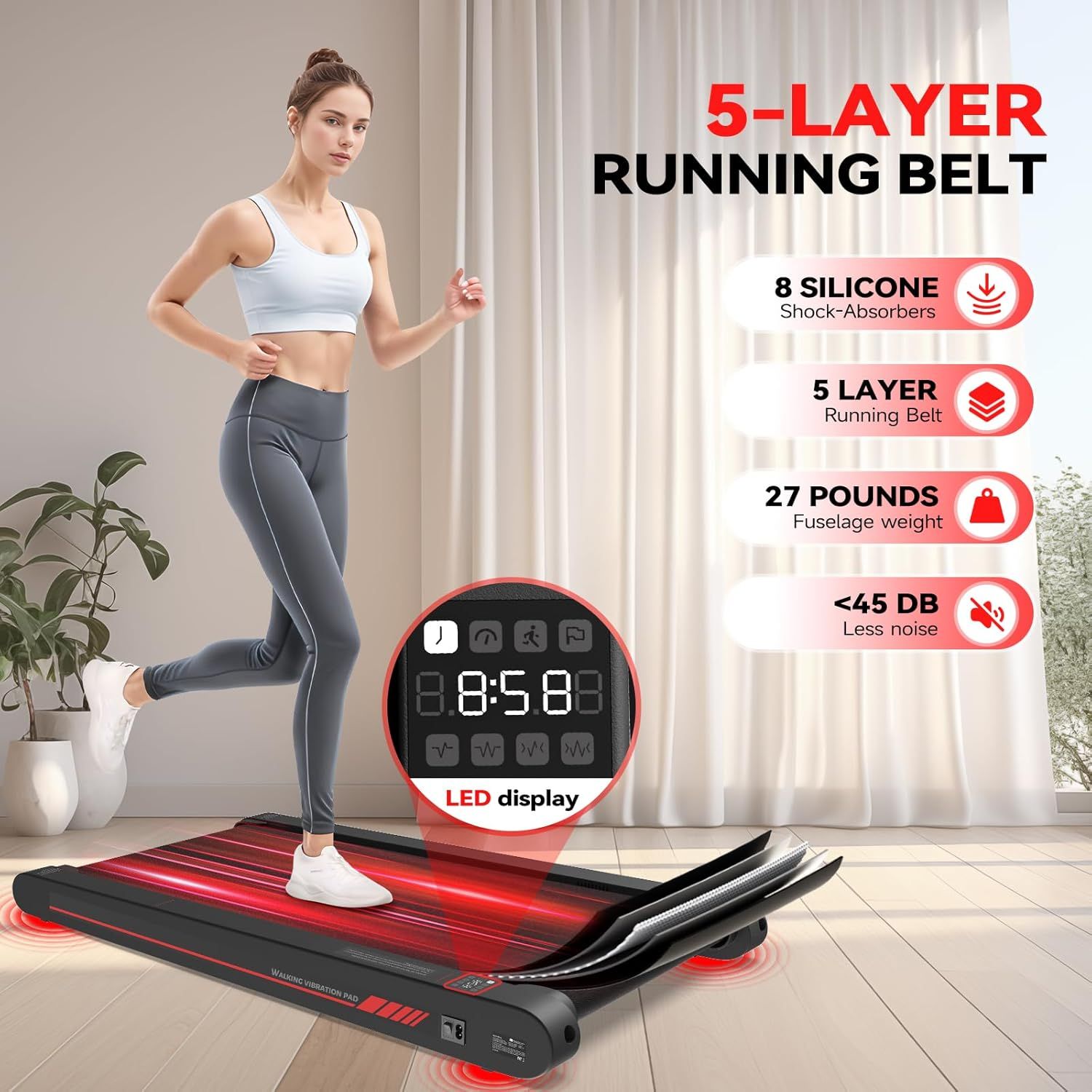 Communicates multiple distinct technical features and benefits of the treadmill in a segmented layout to reassure shoppers about quality, comfort, stability, and quiet operation.