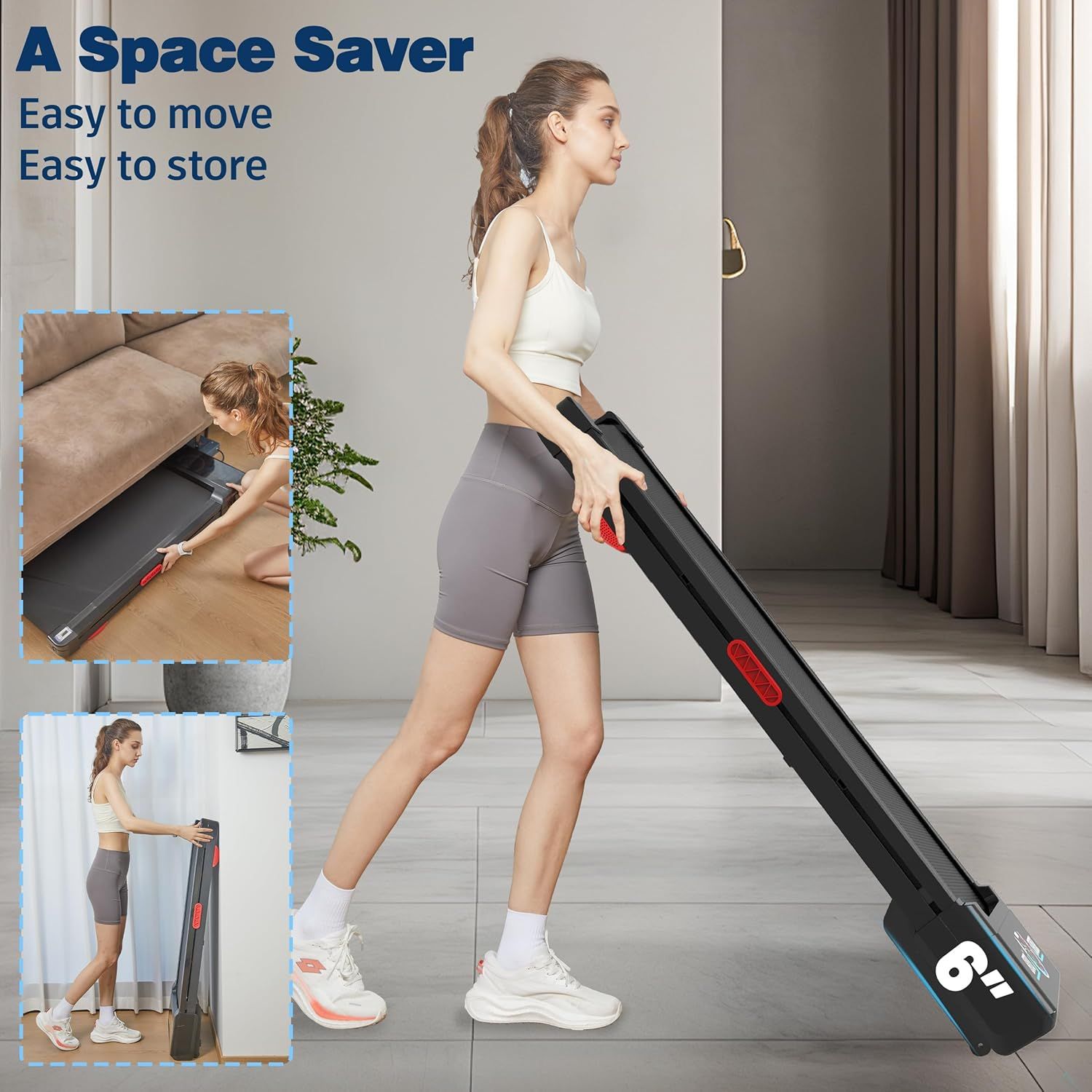 Demonstrates how the treadmill folds and stores compactly, reassuring shoppers that it's easy to move and won't take up permanent floor space. Highlights the product's compact, foldable design as a…