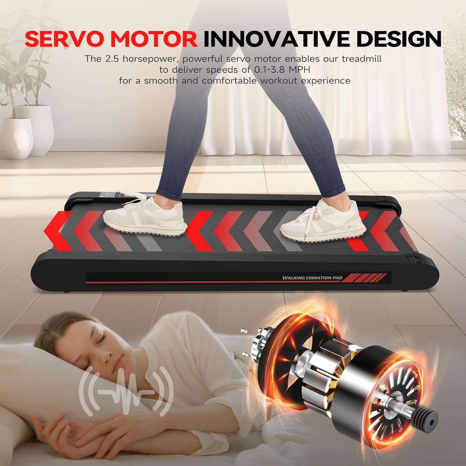 Highlights the innovative servo motor technology inside the treadmill, emphasizing its 2.5 horsepower power and ability to deliver smooth, comfortable workout speeds. Communicates the key benefit of…
