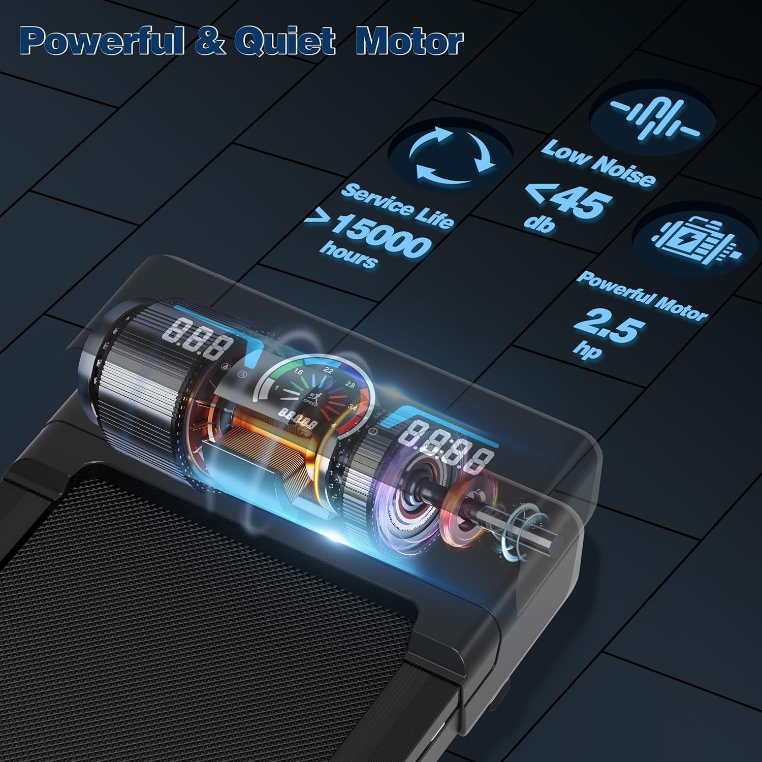 Communicates multiple key performance benefits of the motor including power output, quiet operation, and durability to reassure shoppers of the product's quality and longevity.