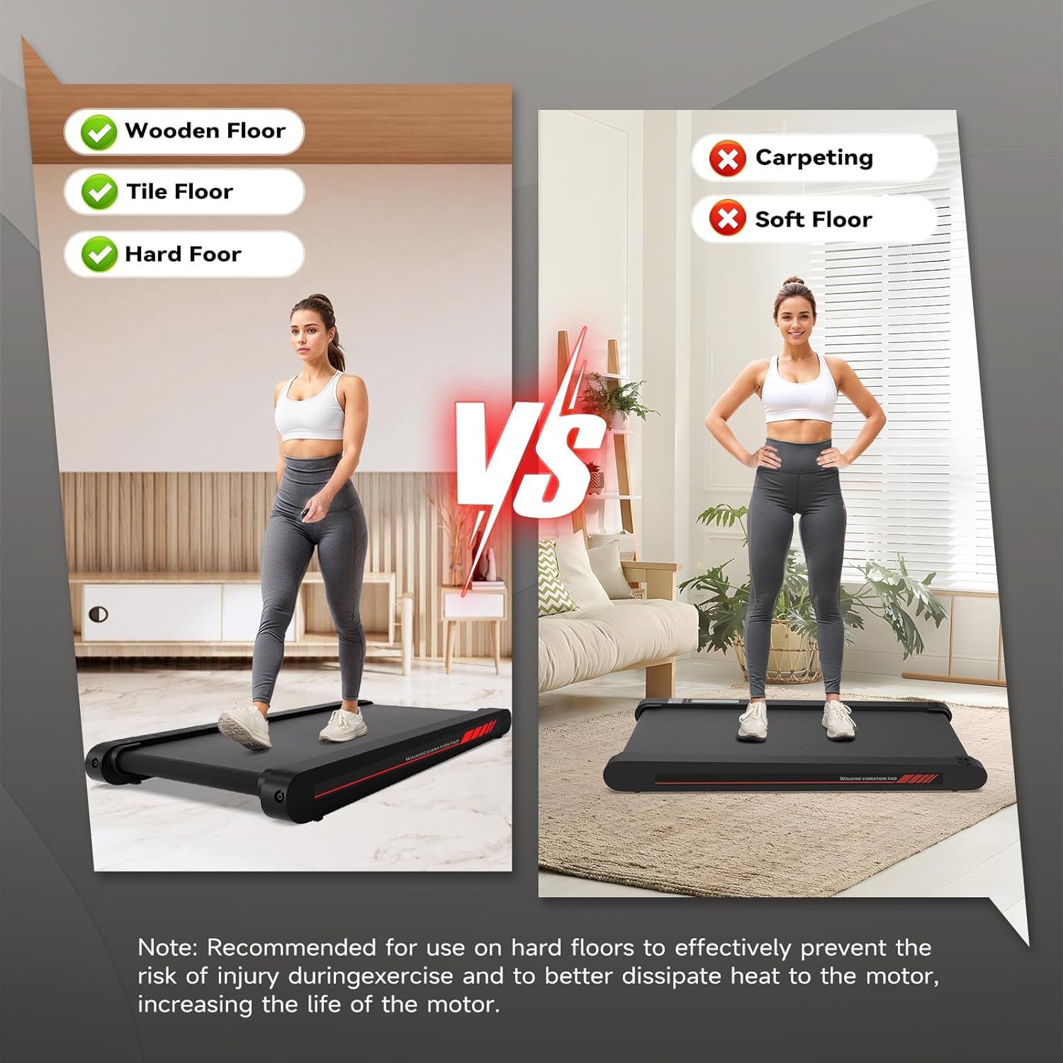 Demonstrates which floor types are suitable versus unsuitable for the treadmill, reassuring shoppers about safe usage on hard floors while warning against soft surfaces. Communicates the key benefit…